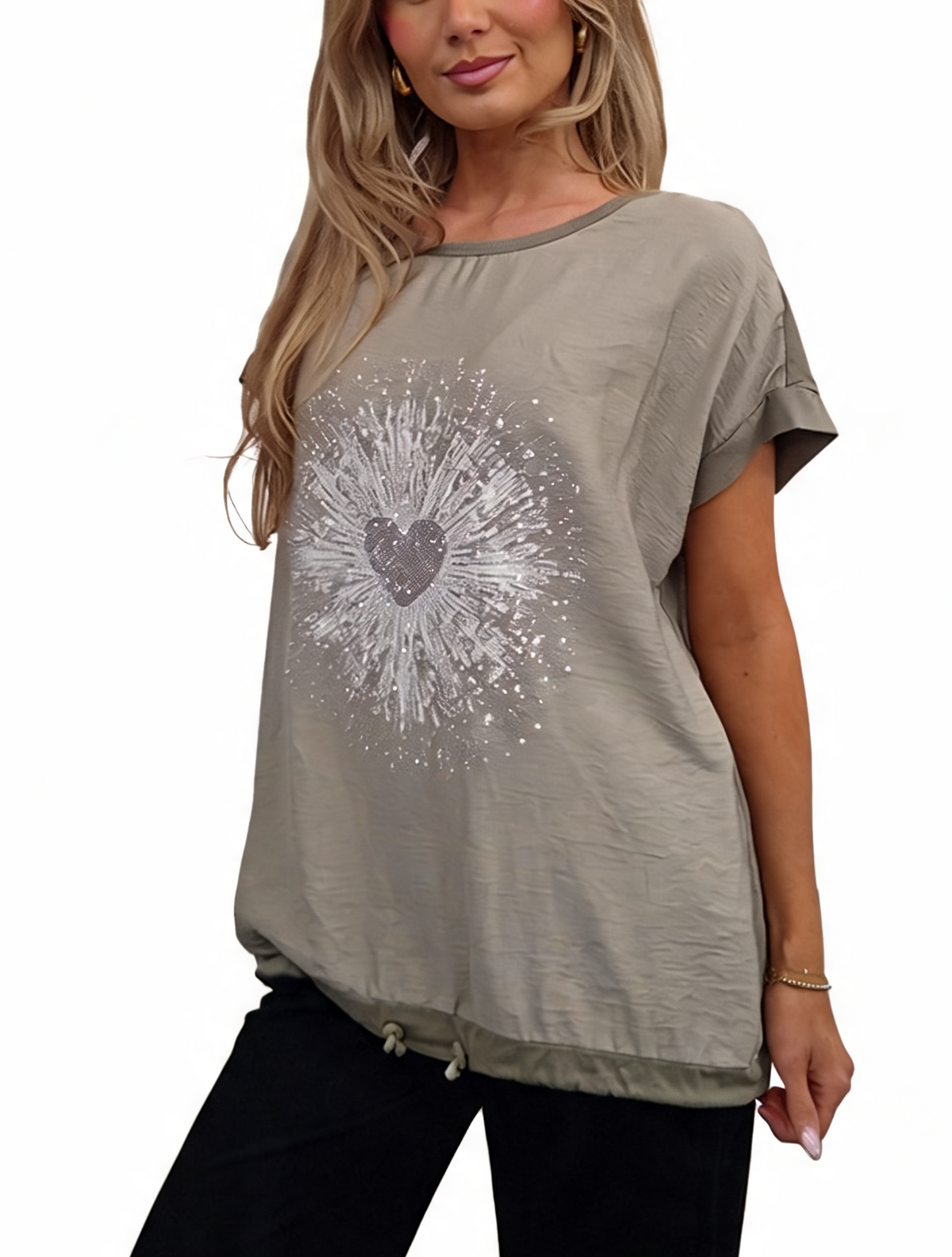 Heartburst Graphic Print Short Sleeve Top with Drawstring Hem
