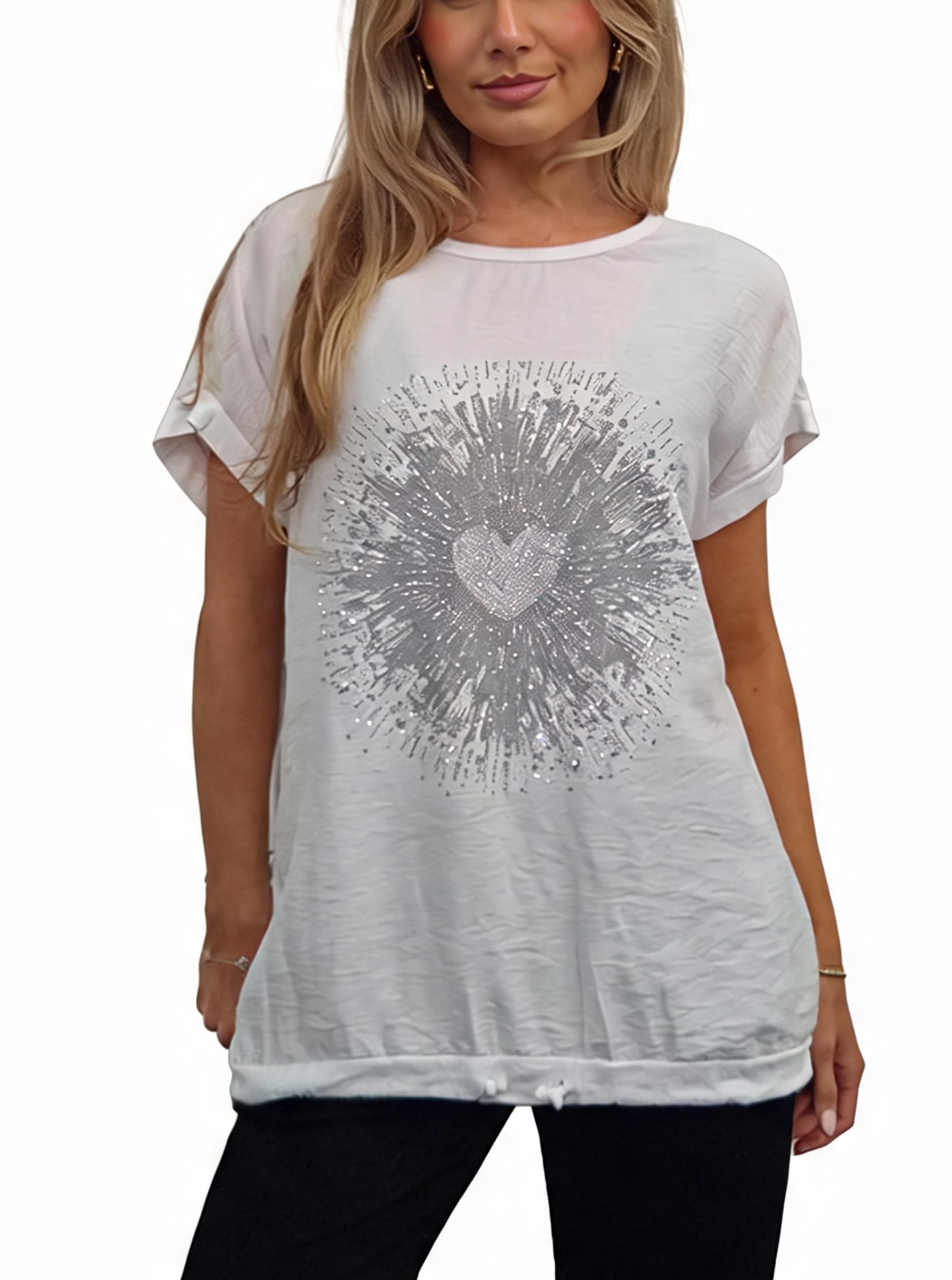 Heartburst Graphic Print Short Sleeve Top with Drawstring Hem