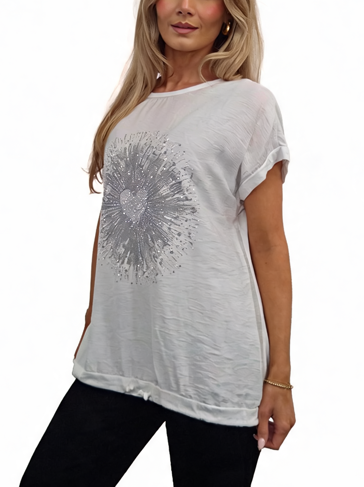 Heartburst Graphic Print Short Sleeve Top with Drawstring Hem