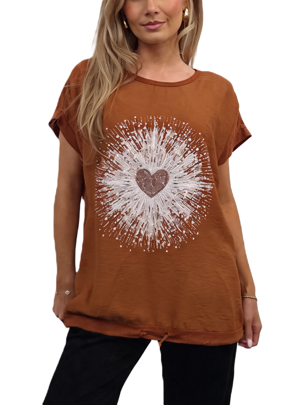 Heartburst Graphic Print Short Sleeve Top with Drawstring Hem