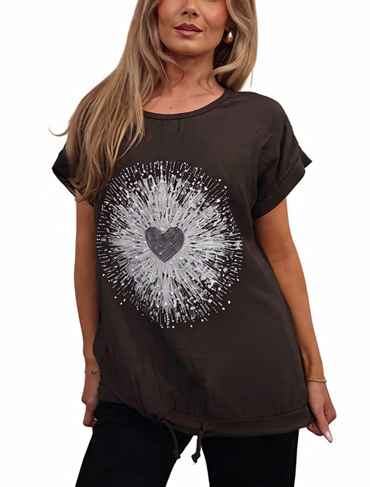 Heartburst Graphic Print Short Sleeve Top with Drawstring Hem