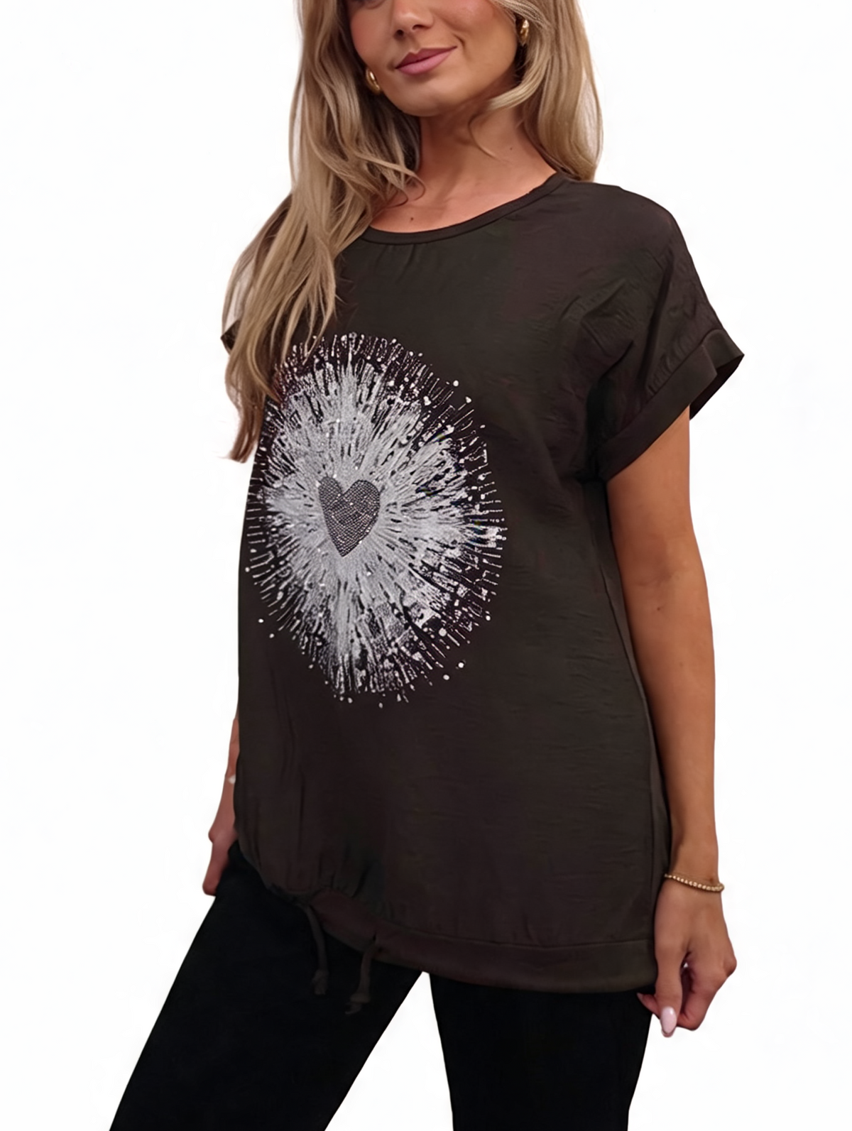 Heartburst Graphic Print Short Sleeve Top with Drawstring Hem