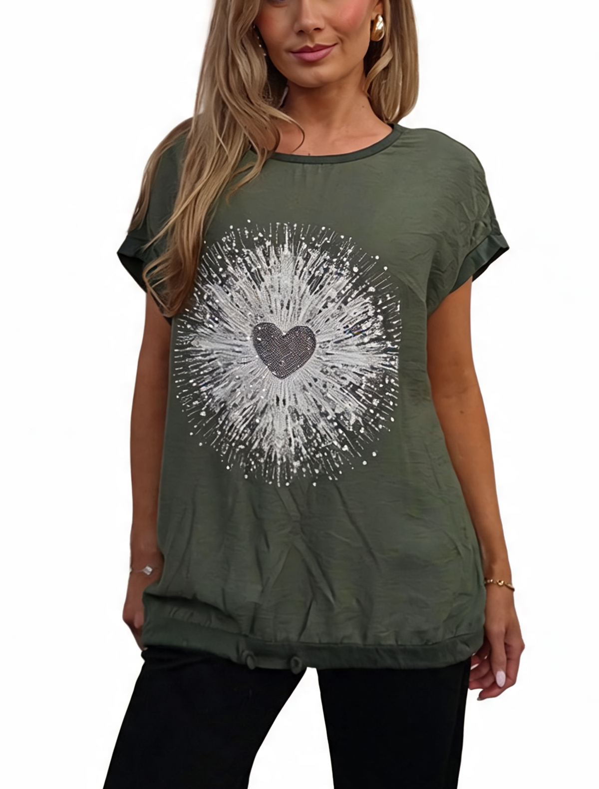 Heartburst Graphic Print Short Sleeve Top with Drawstring Hem