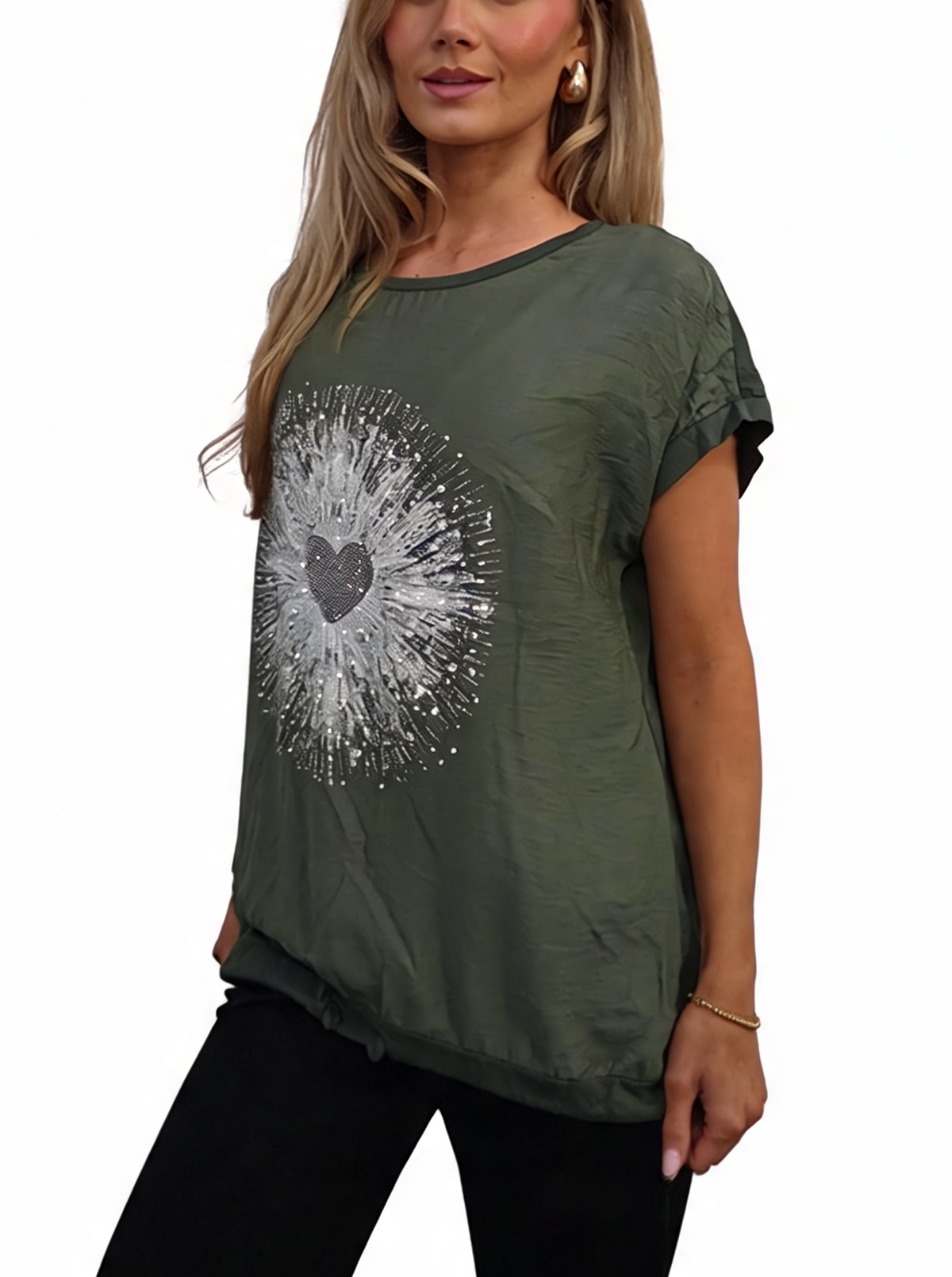 Heartburst Graphic Print Short Sleeve Top with Drawstring Hem