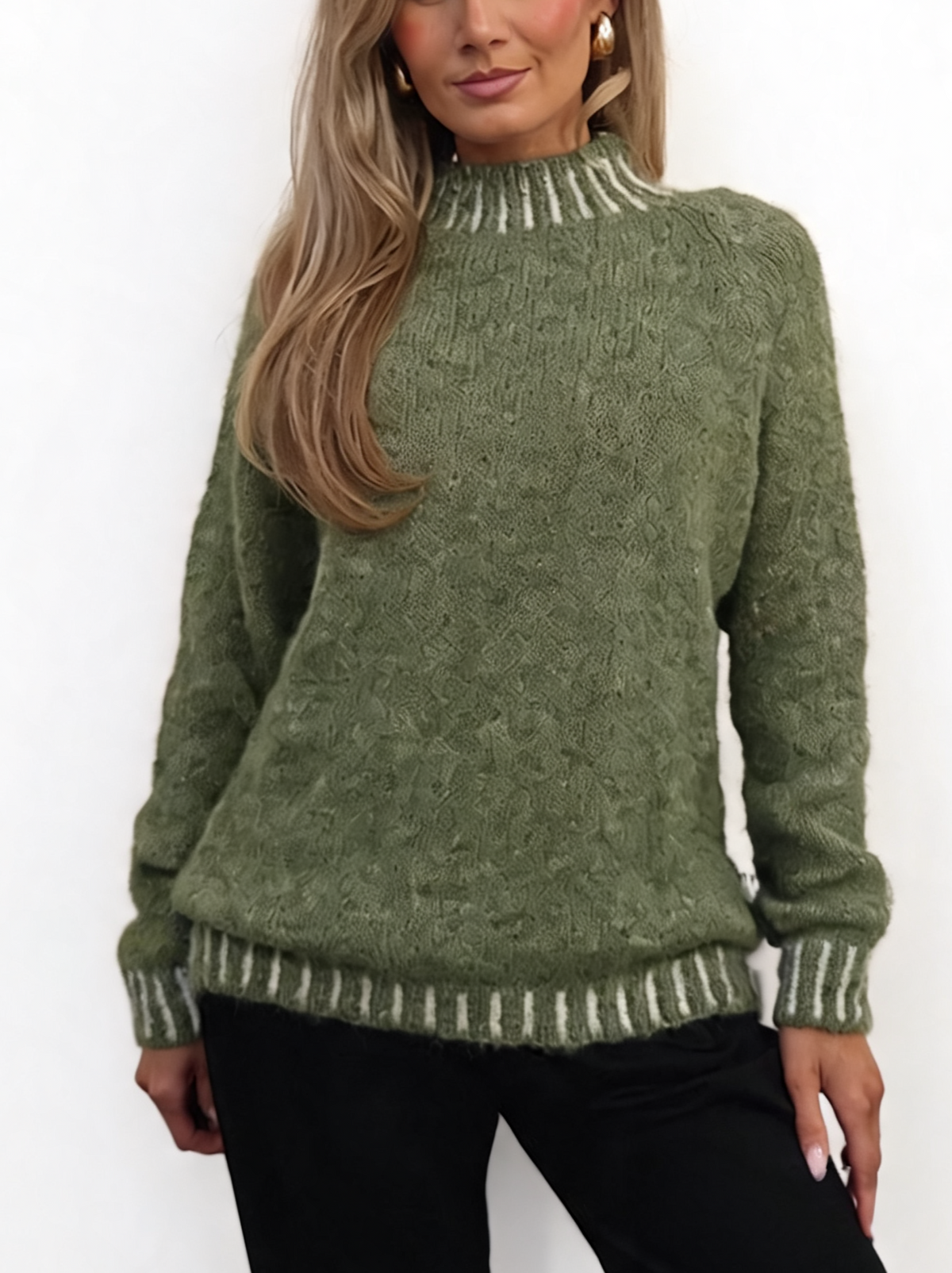 Textured Knit Jumper with High Neck & Striped Ribbed Trim