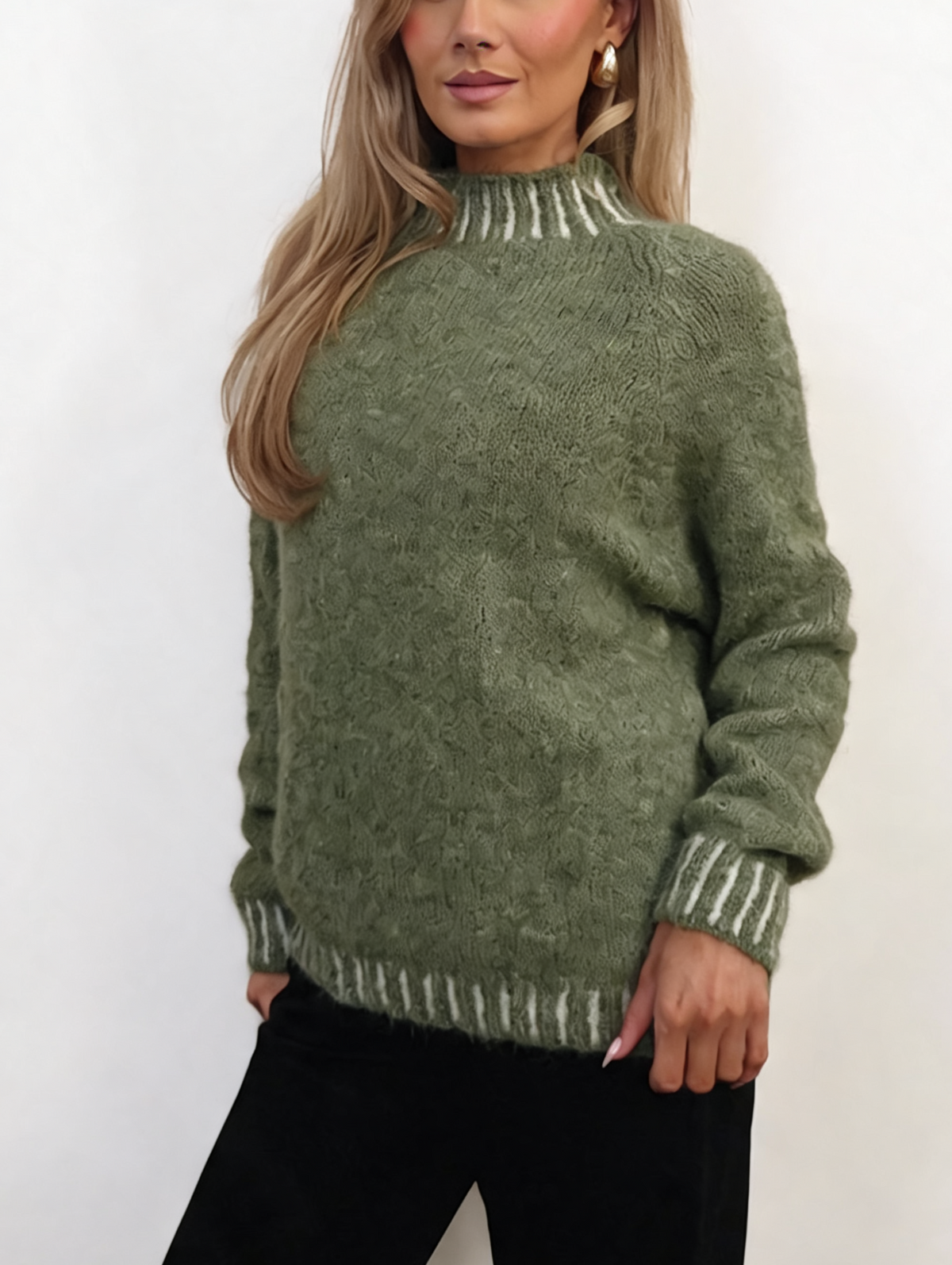 Textured Knit Jumper with High Neck & Striped Ribbed Trim