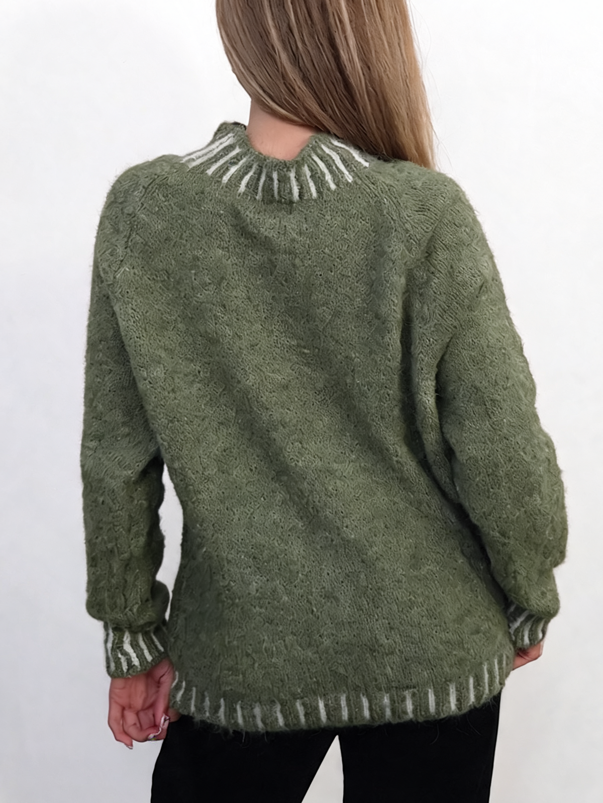 Textured Knit Jumper with High Neck & Striped Ribbed Trim