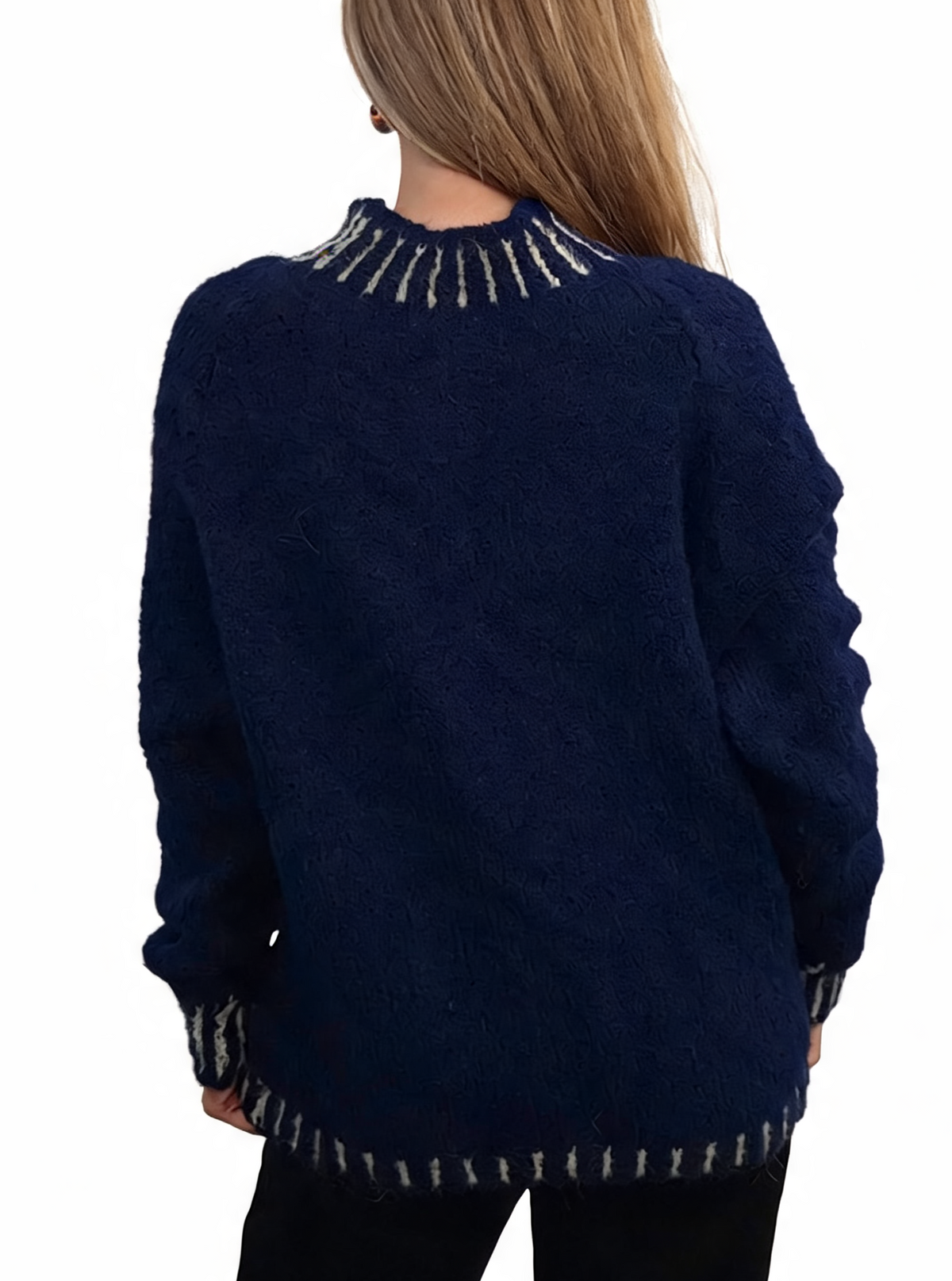 Textured Knit Jumper with High Neck & Striped Ribbed Trim