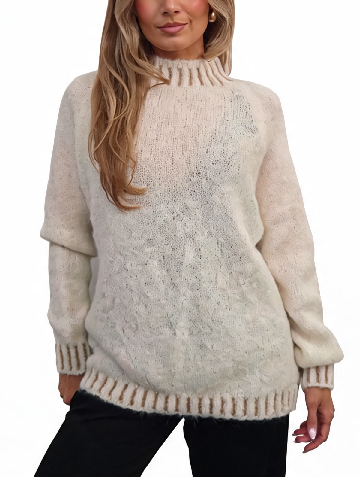 Textured Knit Jumper with High Neck & Striped Ribbed Trim