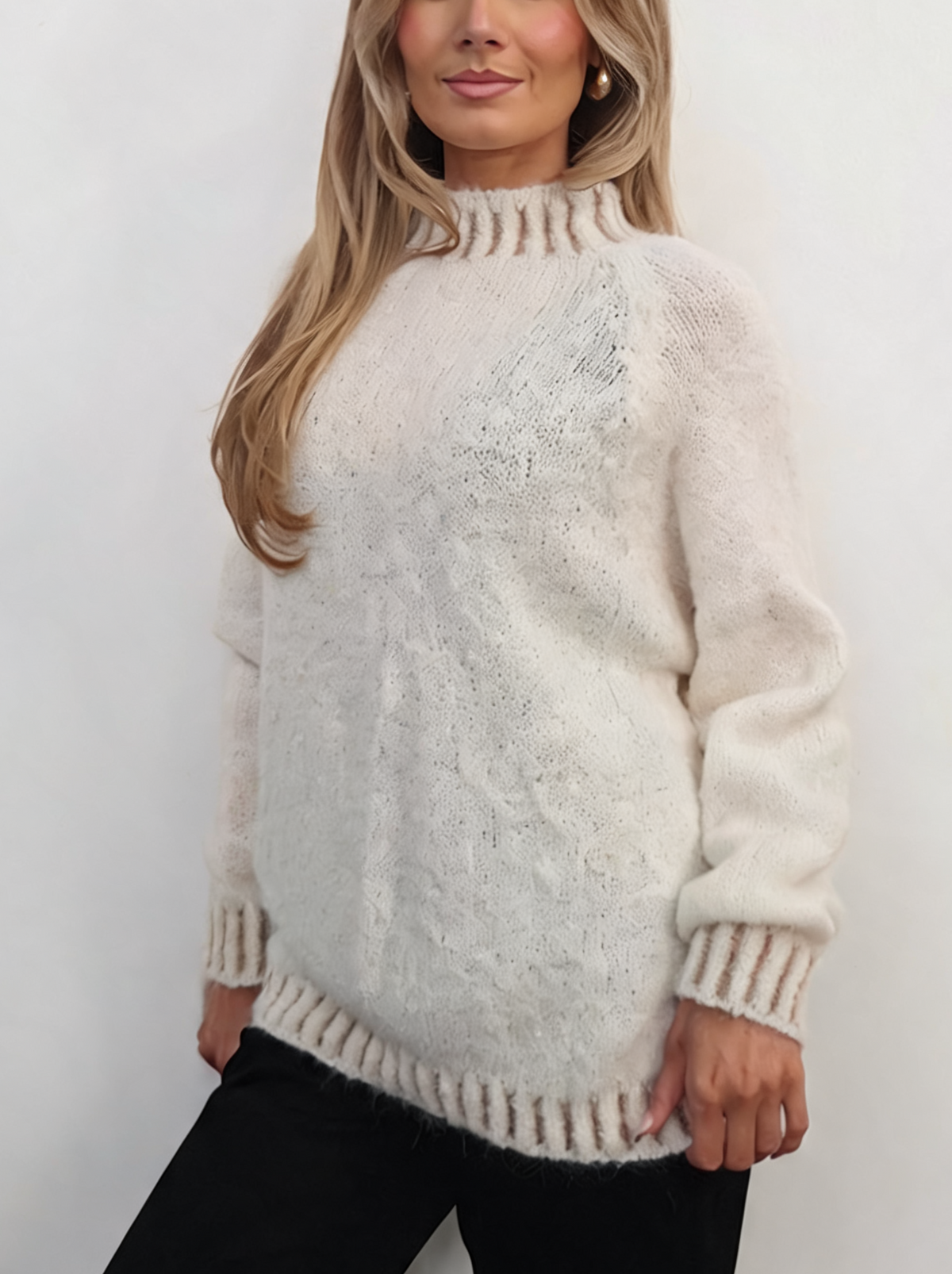 Textured Knit Jumper with High Neck & Striped Ribbed Trim