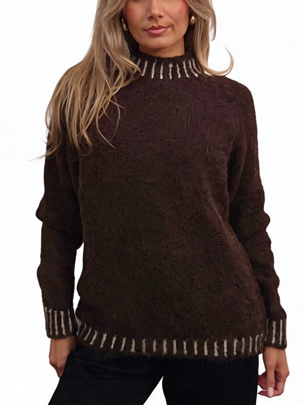 Textured Knit Jumper with High Neck & Striped Ribbed Trim