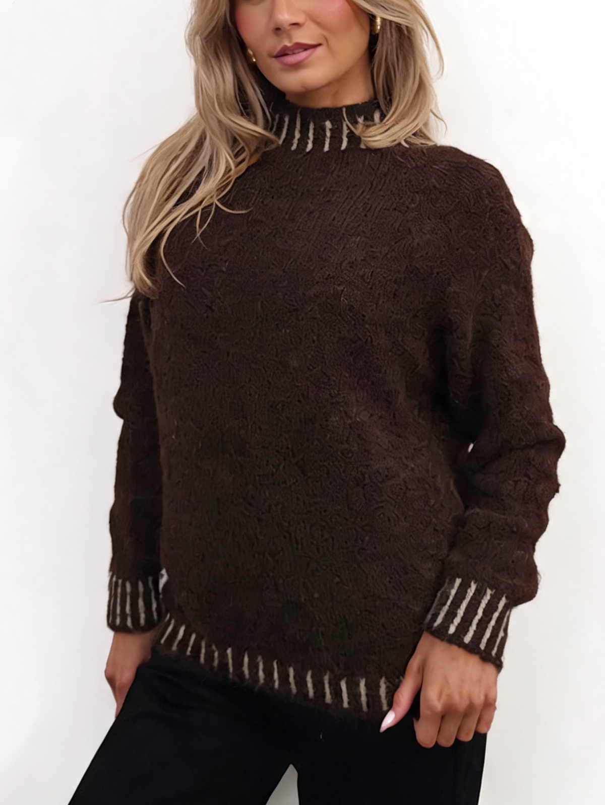 Textured Knit Jumper with High Neck & Striped Ribbed Trim