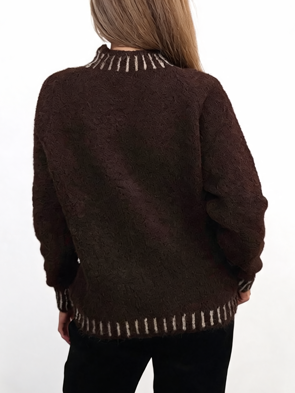 Textured Knit Jumper with High Neck & Striped Ribbed Trim