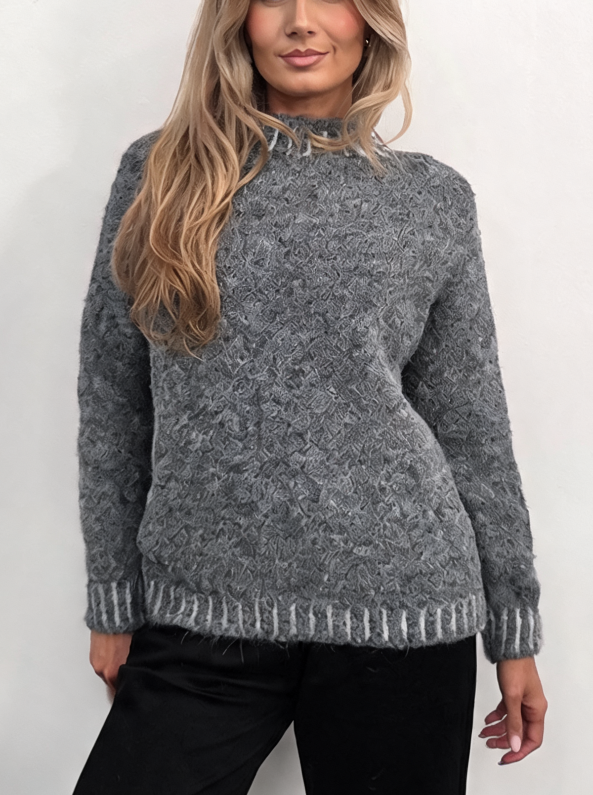Textured Knit Jumper with High Neck & Striped Ribbed Trim