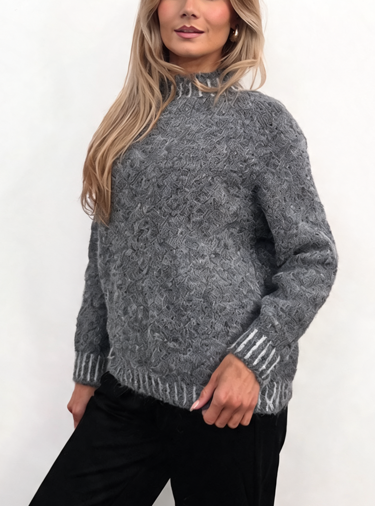 Textured Knit Jumper with High Neck & Striped Ribbed Trim