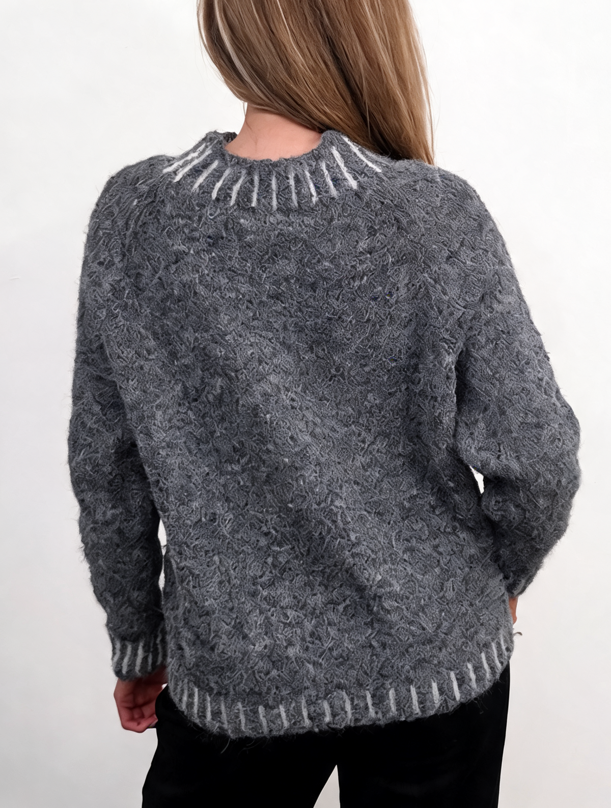 Textured Knit Jumper with High Neck & Striped Ribbed Trim