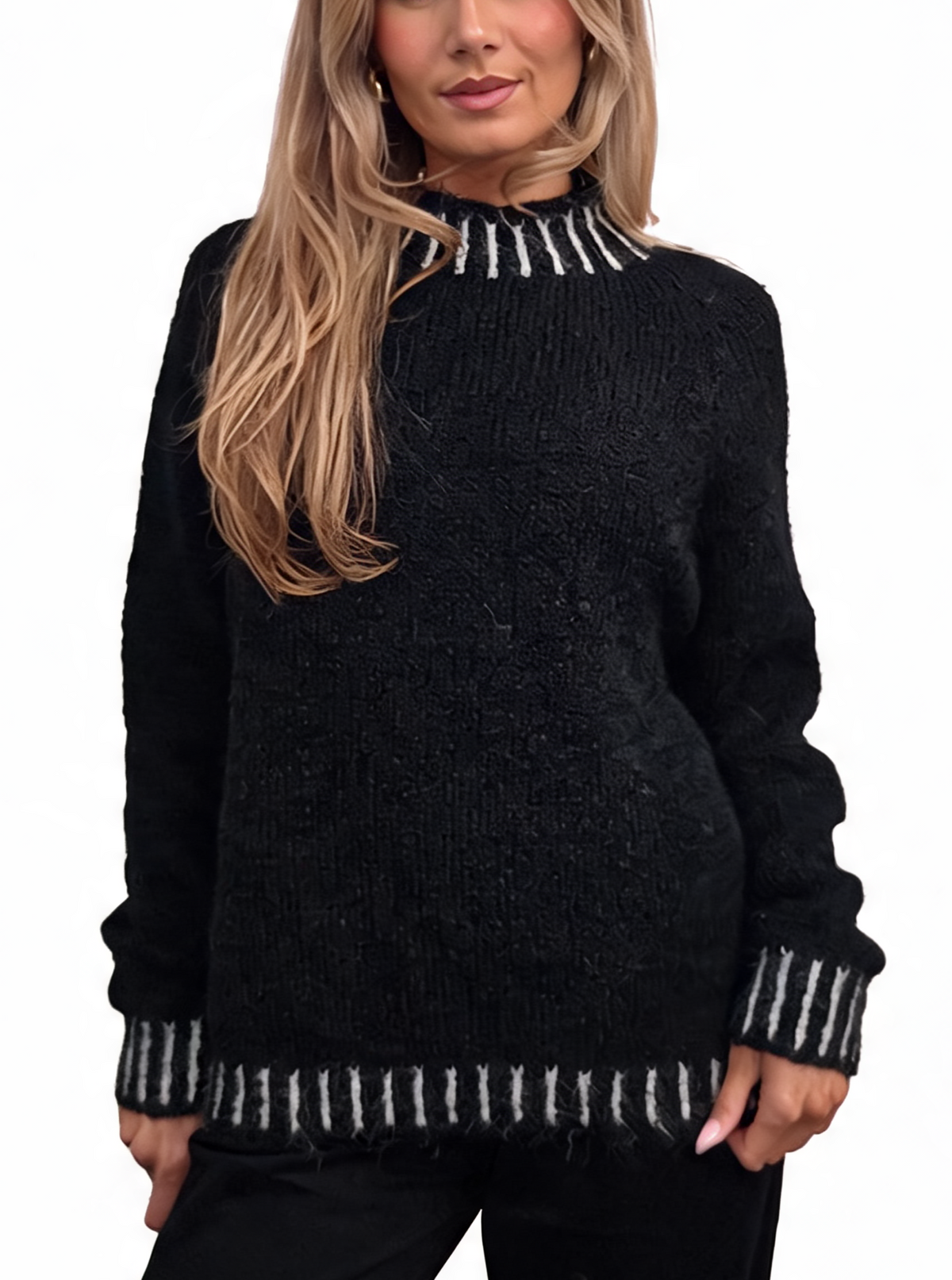 Textured Knit Jumper with High Neck & Striped Ribbed Trim
