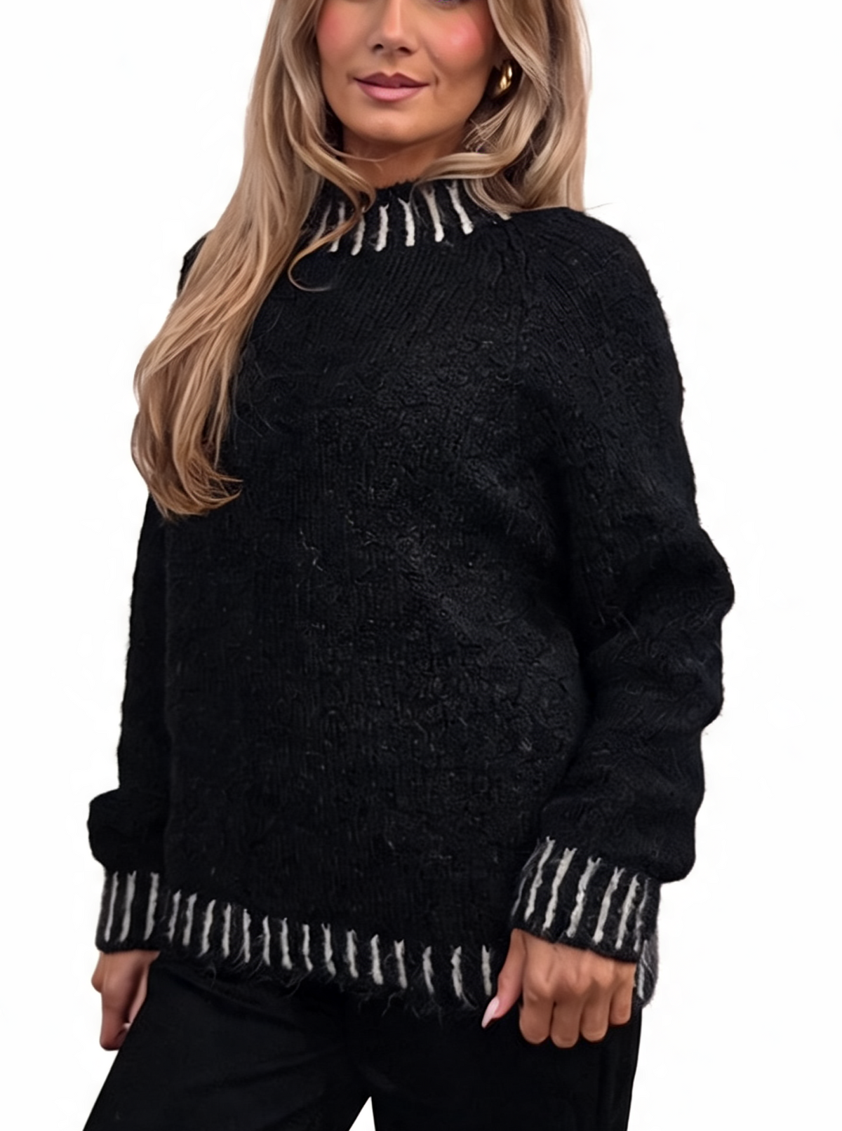 Textured Knit Jumper with High Neck & Striped Ribbed Trim