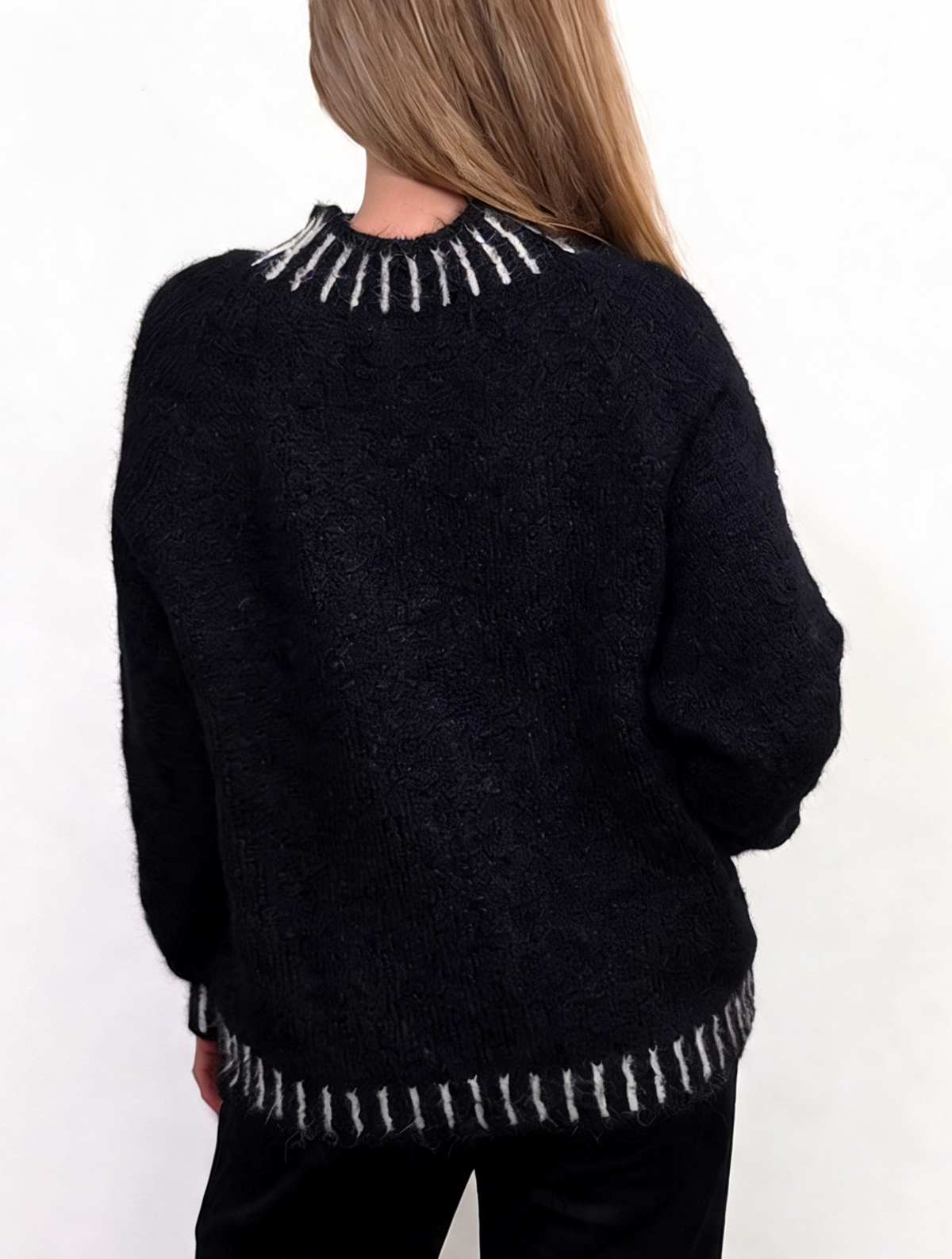 Textured Knit Jumper with High Neck & Striped Ribbed Trim