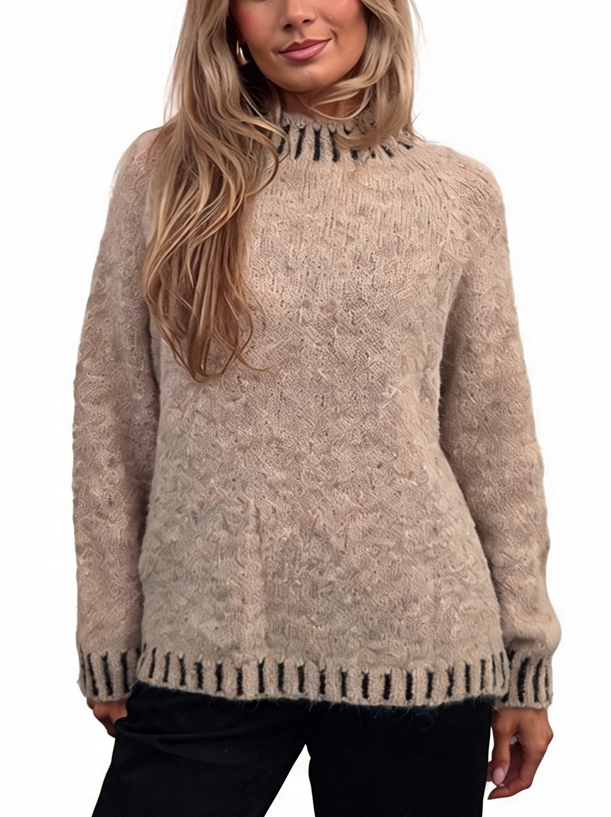 Textured Knit Jumper with High Neck & Striped Ribbed Trim