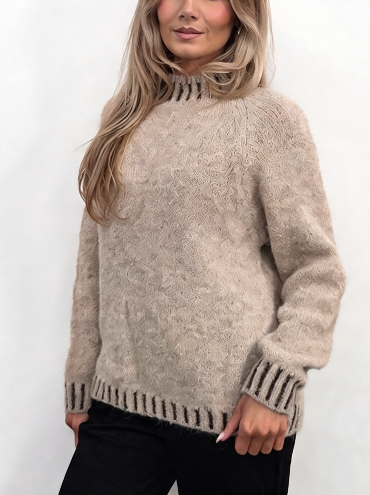 Textured Knit Jumper with High Neck & Striped Ribbed Trim