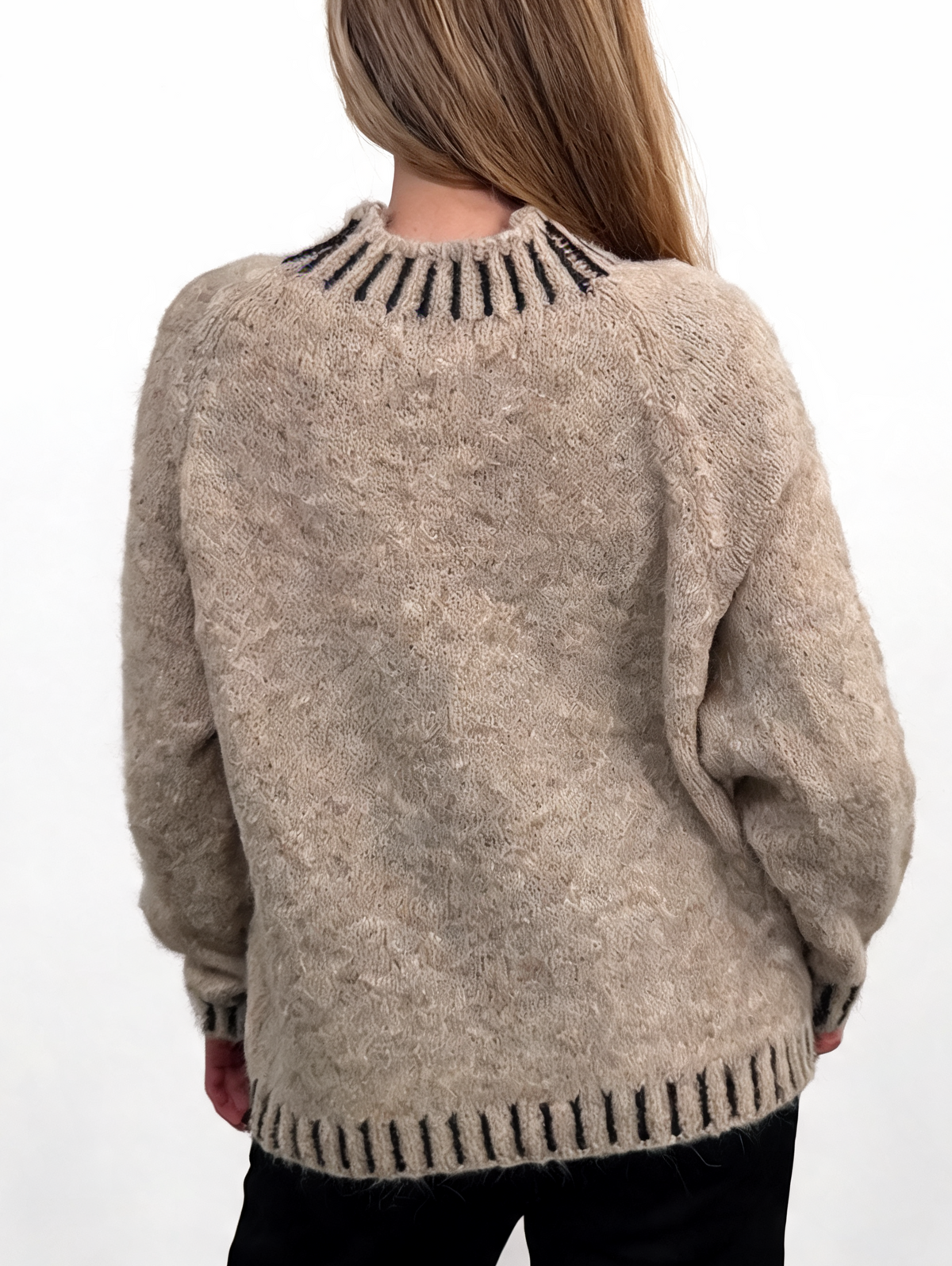 Textured Knit Jumper with High Neck & Striped Ribbed Trim