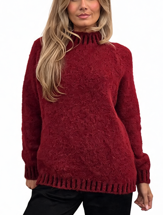 Textured Knit Jumper with High Neck & Striped Ribbed Trim