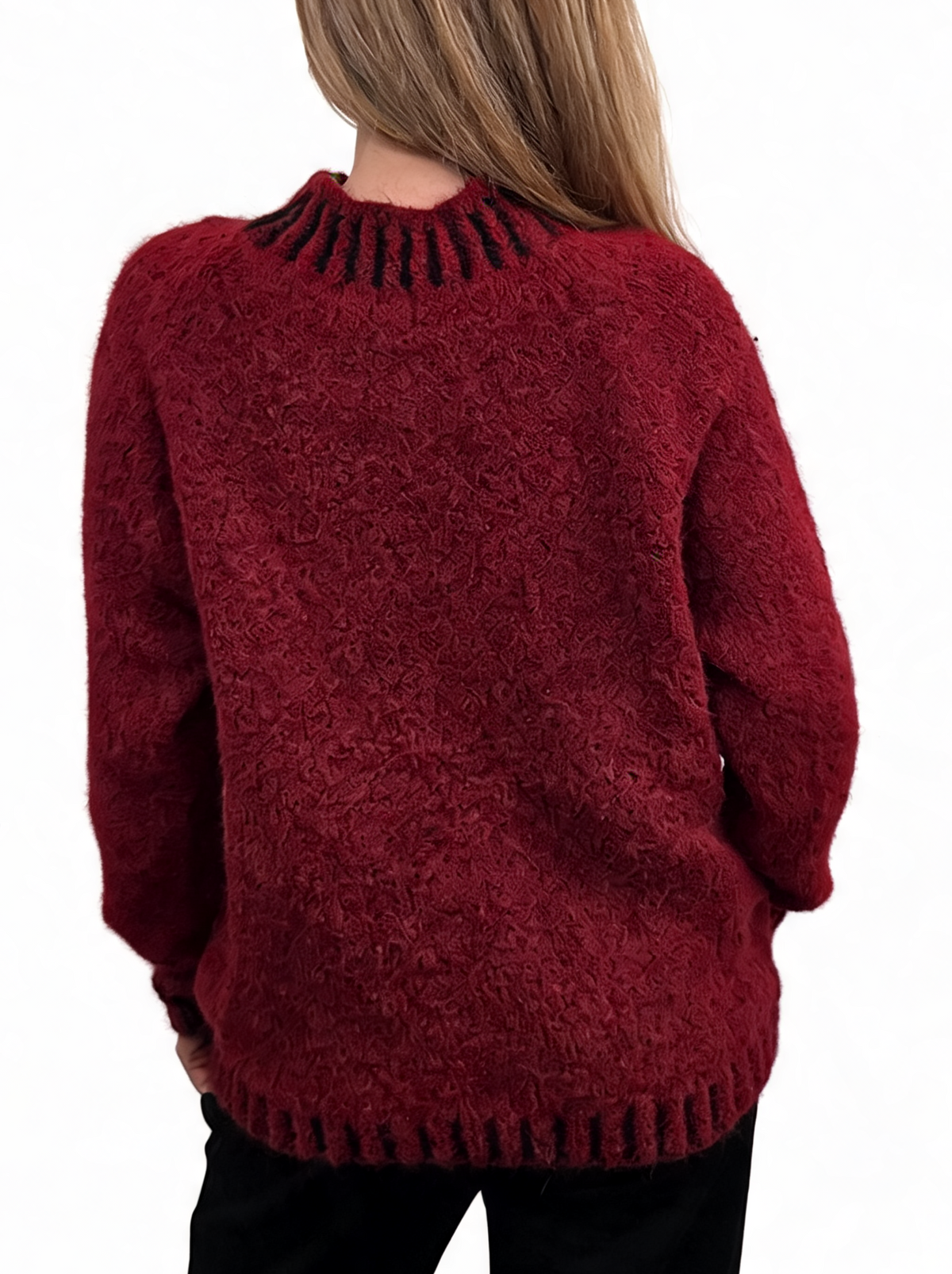 Textured Knit Jumper with High Neck & Striped Ribbed Trim