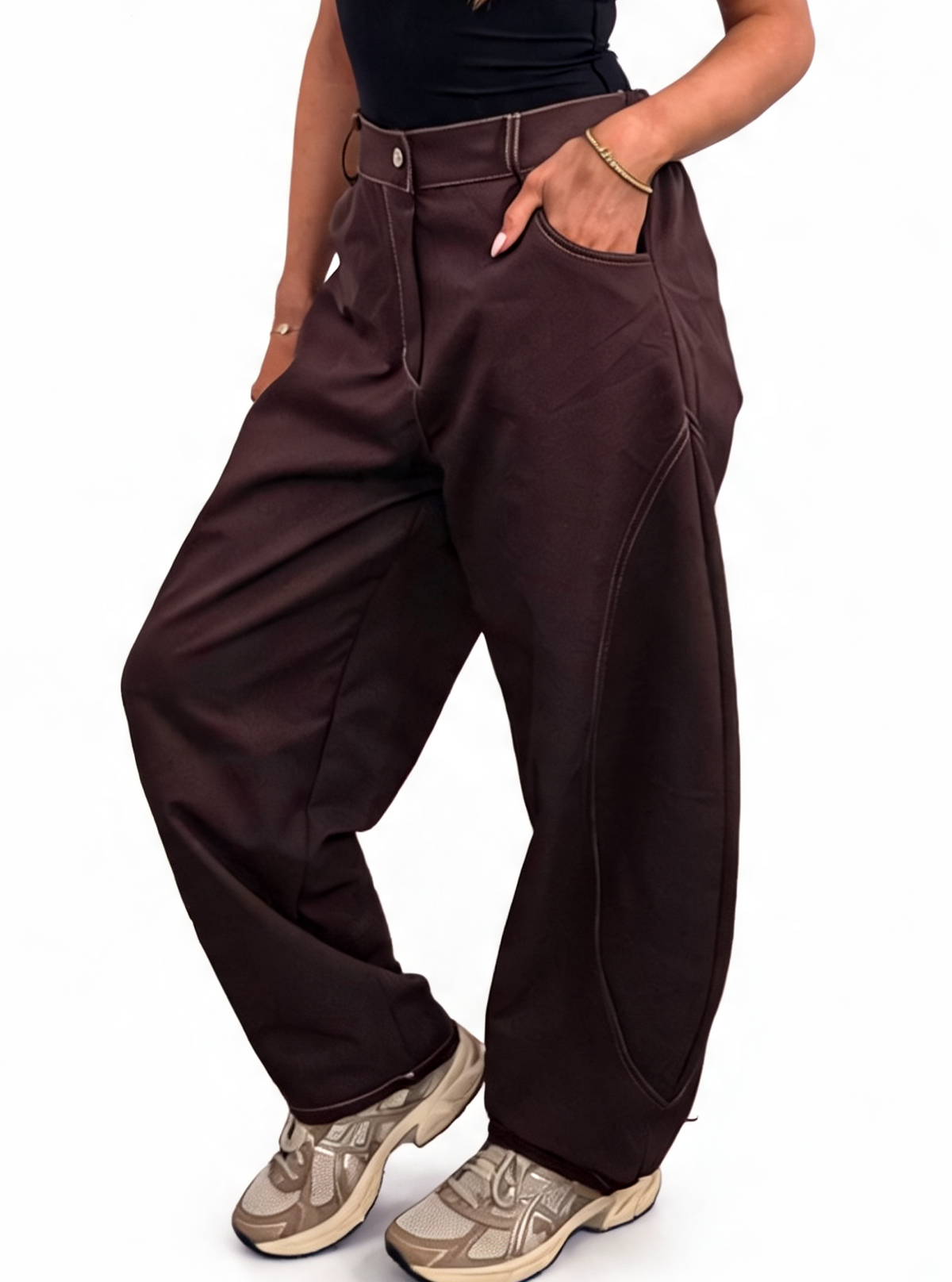 High Waisted Barrel-Curved Leg Contrast Stitch Baggy Cotton Twill Pants with Pockets