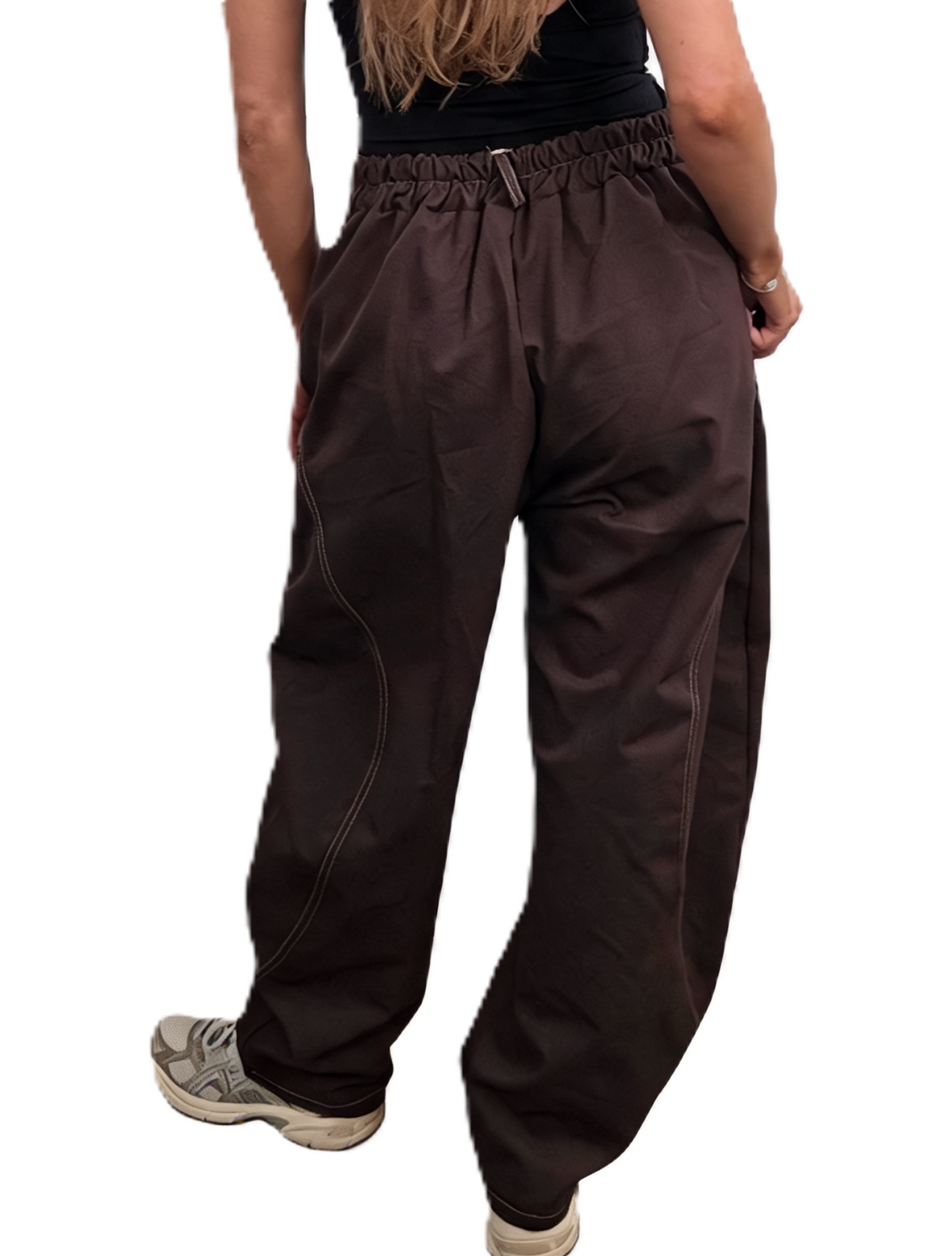 High Waisted Barrel-Curved Leg Contrast Stitch Baggy Cotton Twill Pants with Pockets