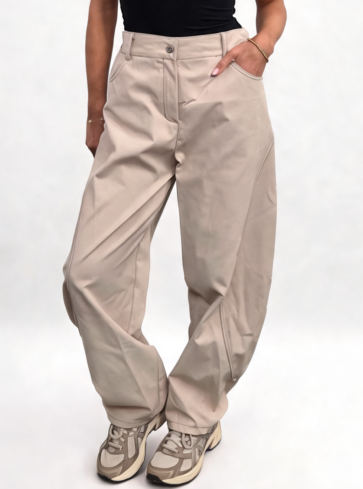 High Waisted Barrel-Curved Leg Contrast Stitch Baggy Cotton Twill Pants with Pockets
