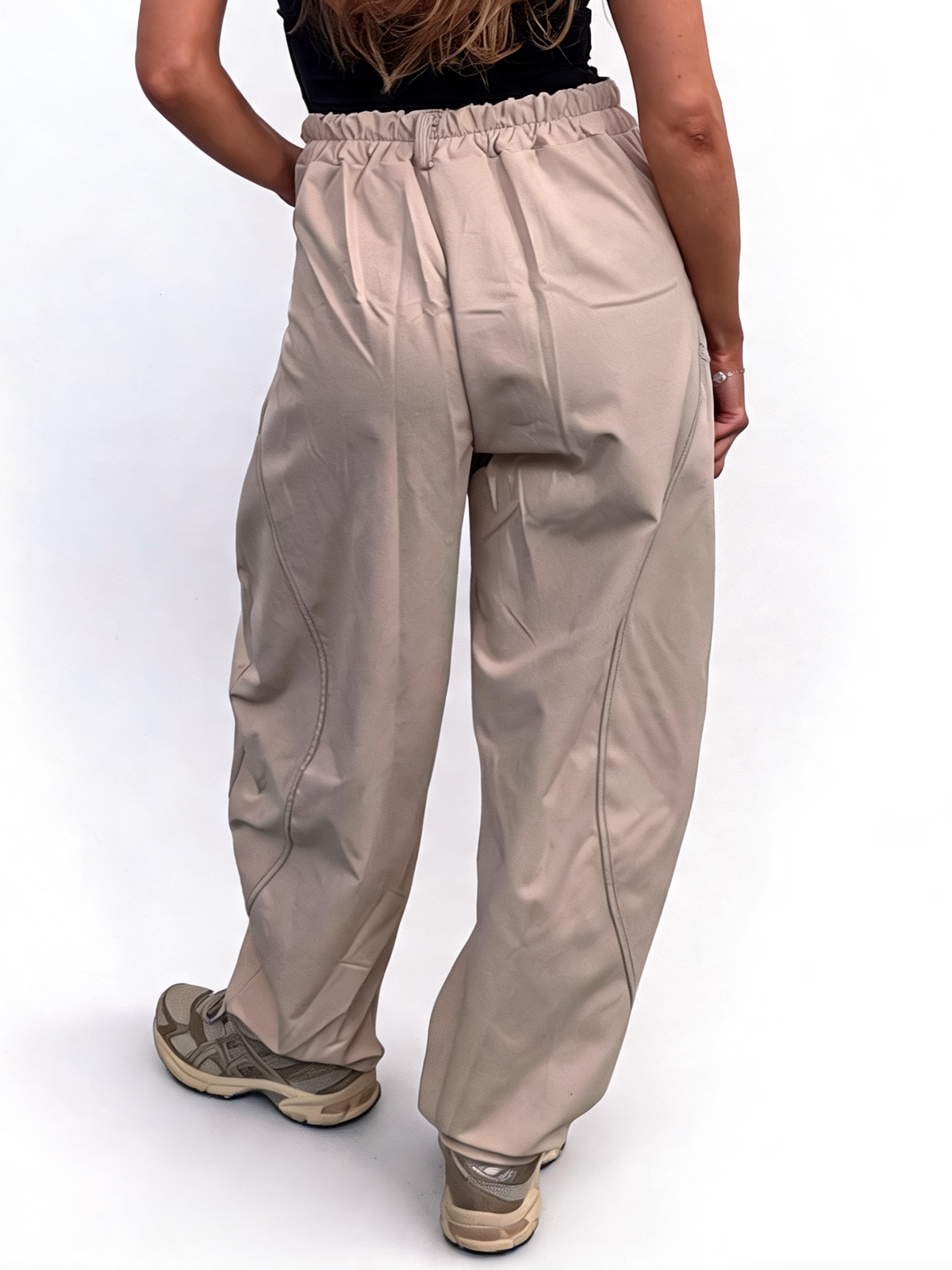 High Waisted Barrel-Curved Leg Contrast Stitch Baggy Cotton Twill Pants with Pockets