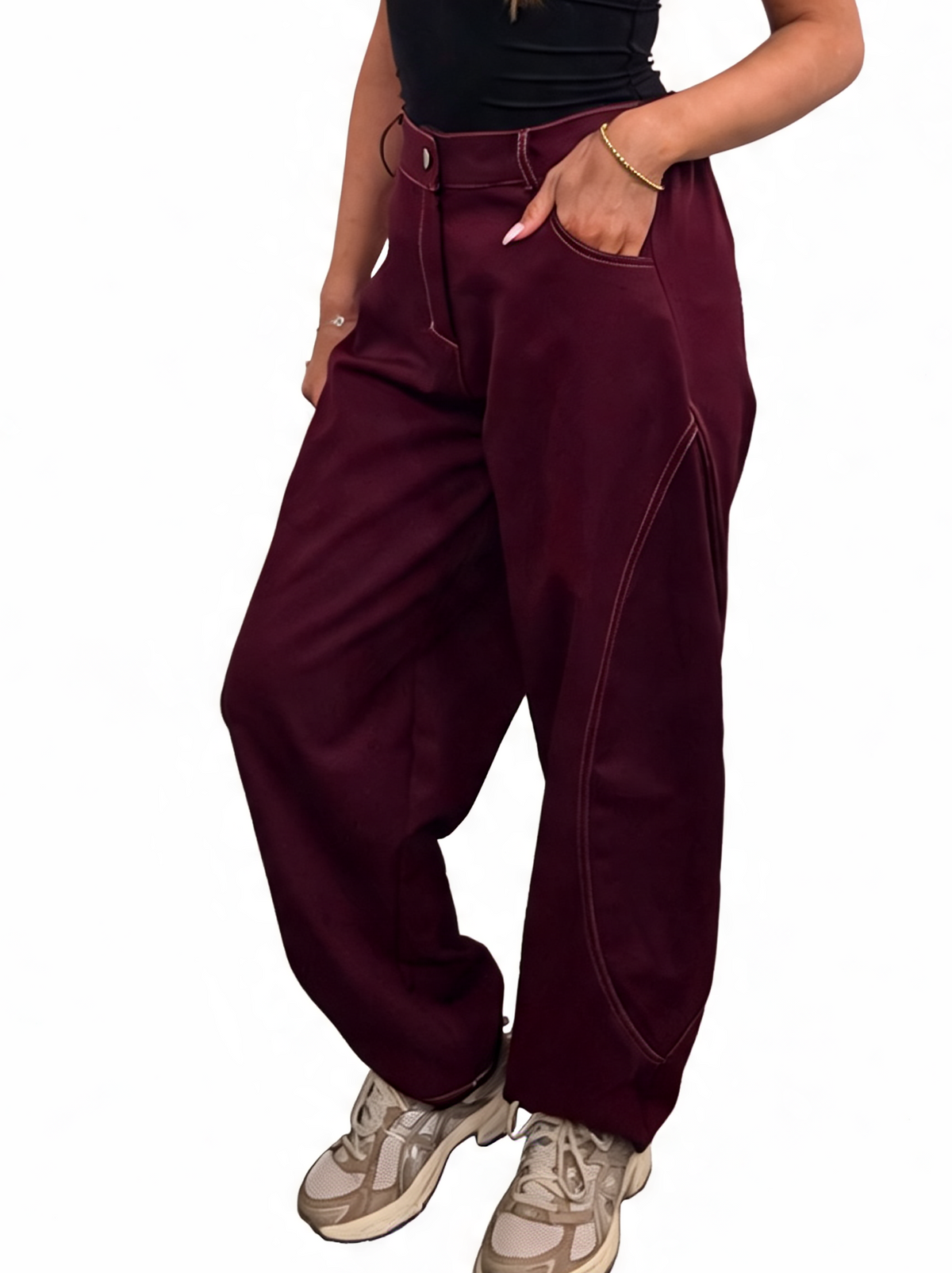 High Waisted Barrel-Curved Leg Contrast Stitch Baggy Cotton Twill Pants with Pockets