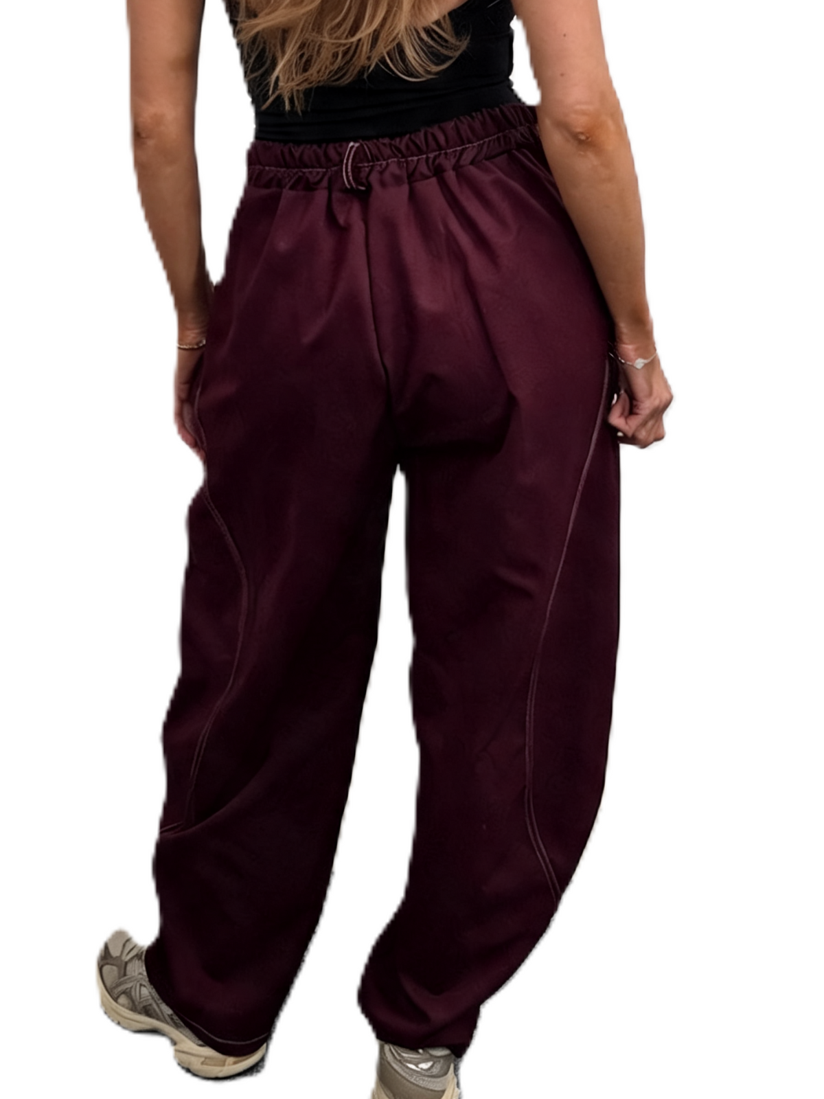 High Waisted Barrel-Curved Leg Contrast Stitch Baggy Cotton Twill Pants with Pockets