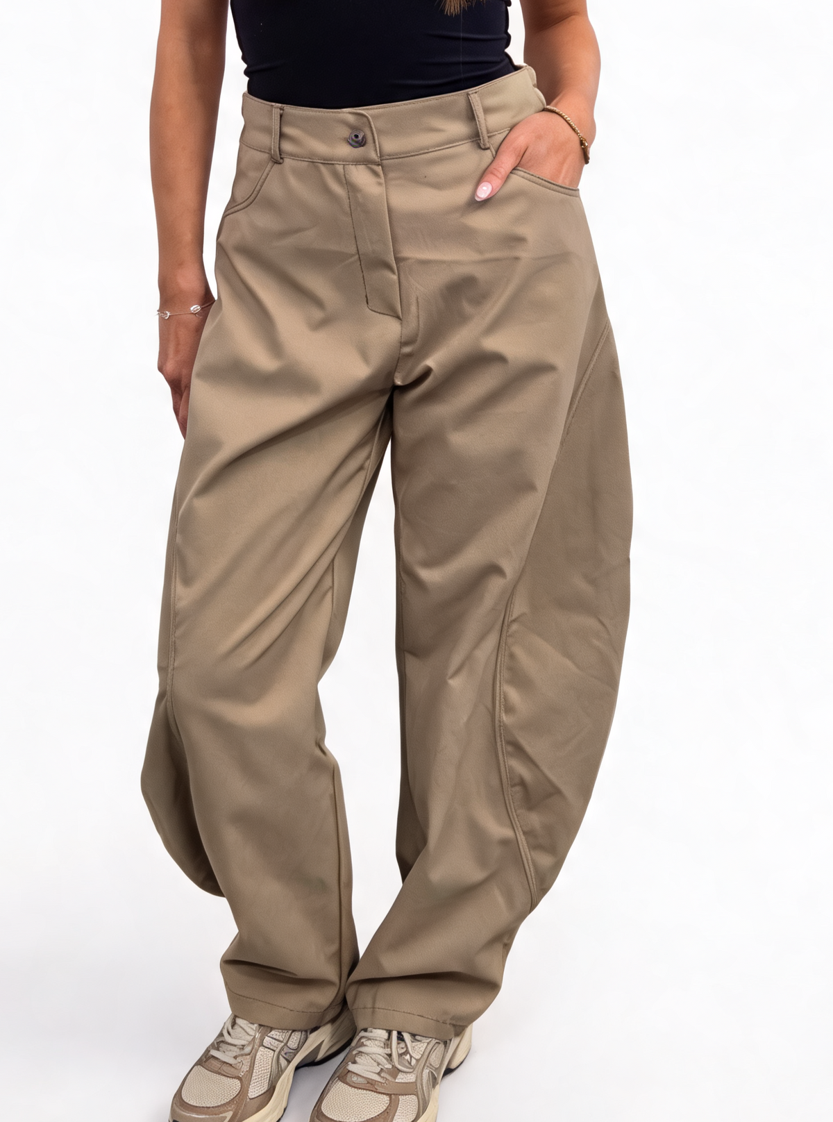 High Waisted Barrel-Curved Leg Contrast Stitch Baggy Cotton Twill Pants with Pockets