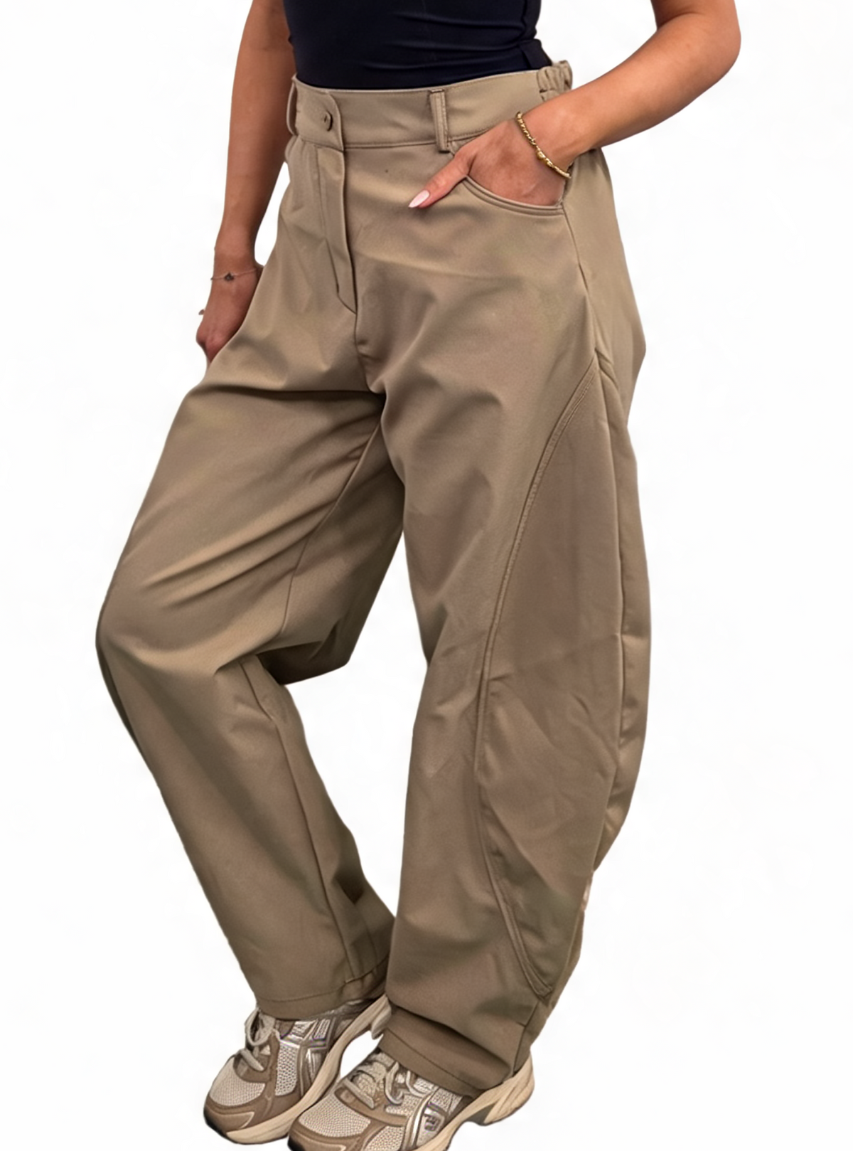 High Waisted Barrel-Curved Leg Contrast Stitch Baggy Cotton Twill Pants with Pockets