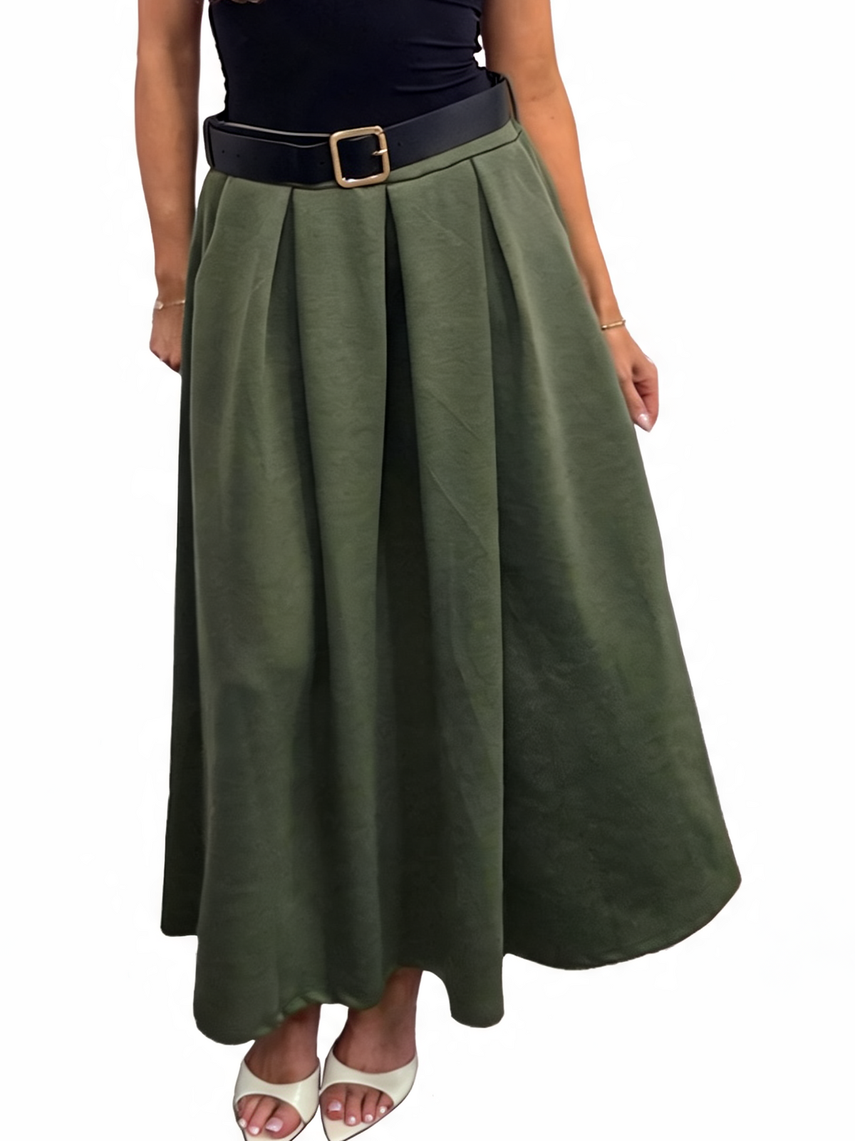 Pleated Midi Skirt with Belt