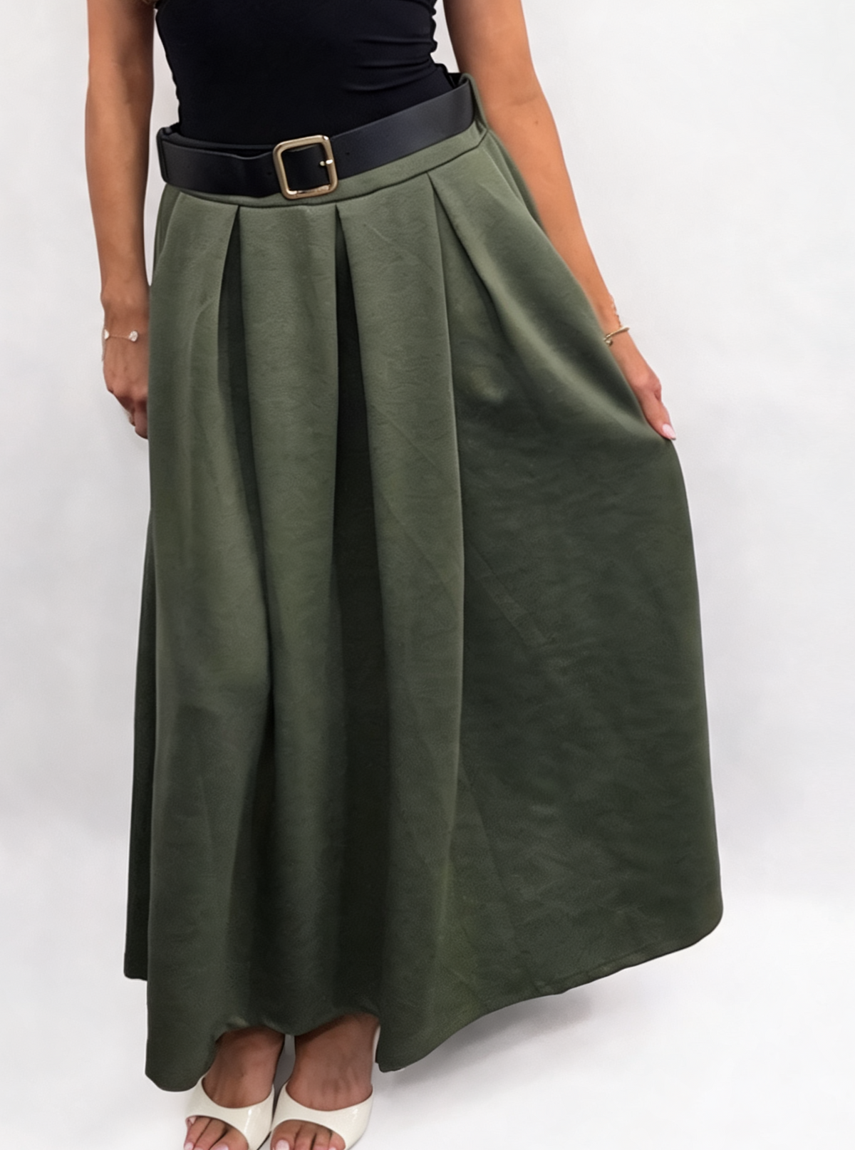 Pleated Midi Skirt with Belt