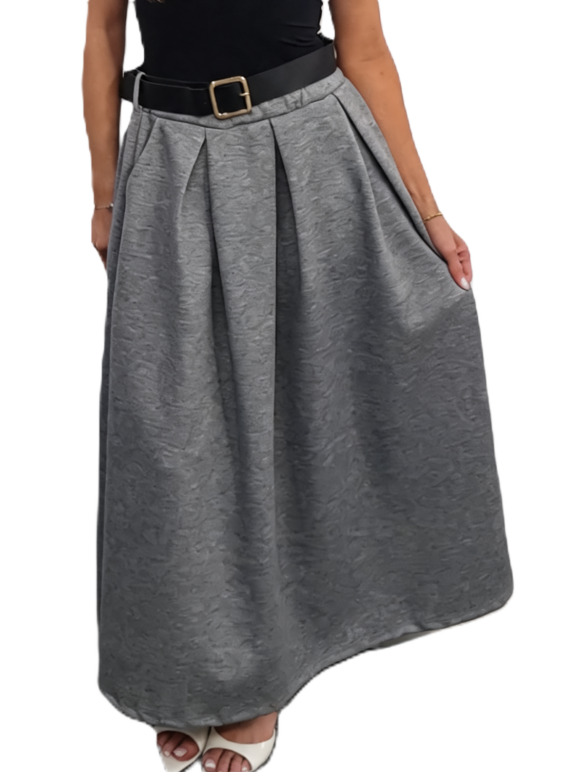 Pleated Midi Skirt with Belt