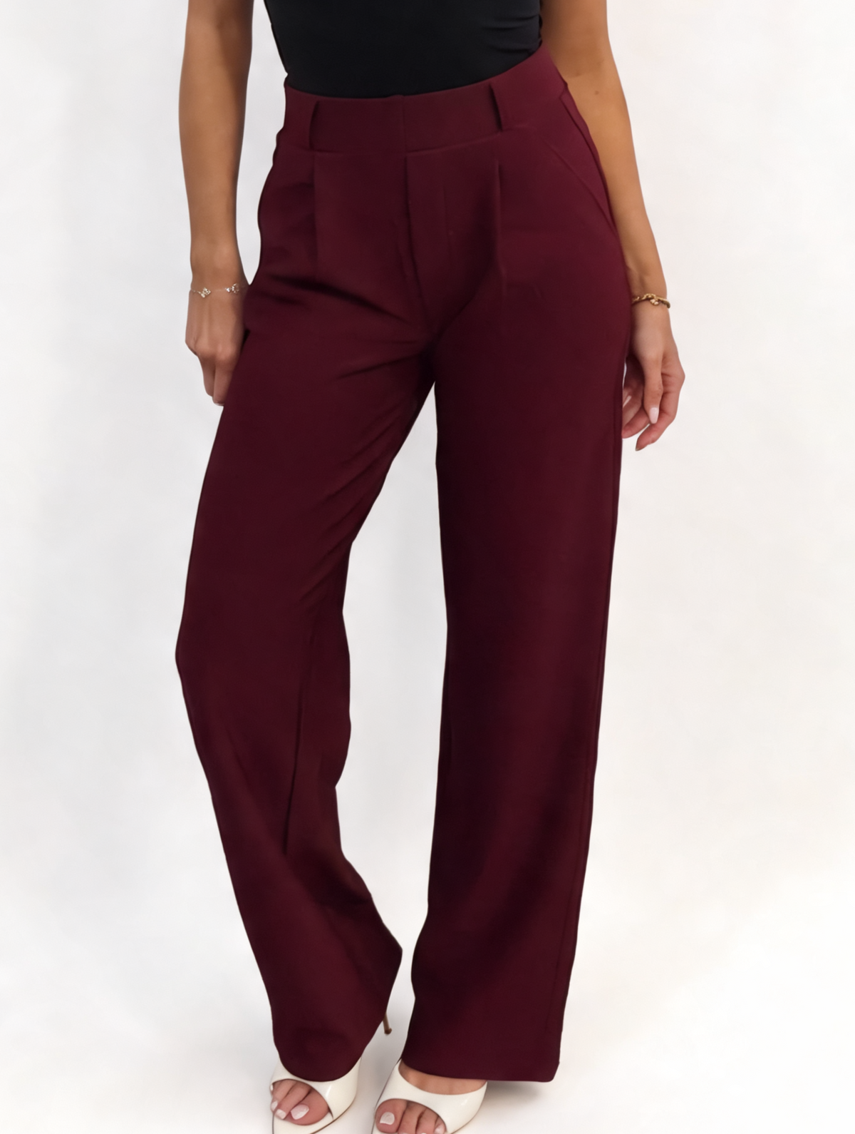 High Waisted Pleated Front Tailored Palazzo Pants with Pocket