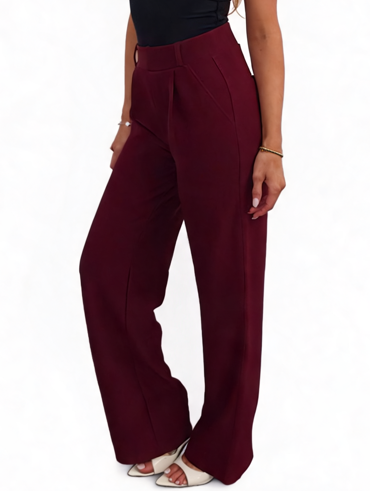 High Waisted Pleated Front Tailored Palazzo Pants with Pocket