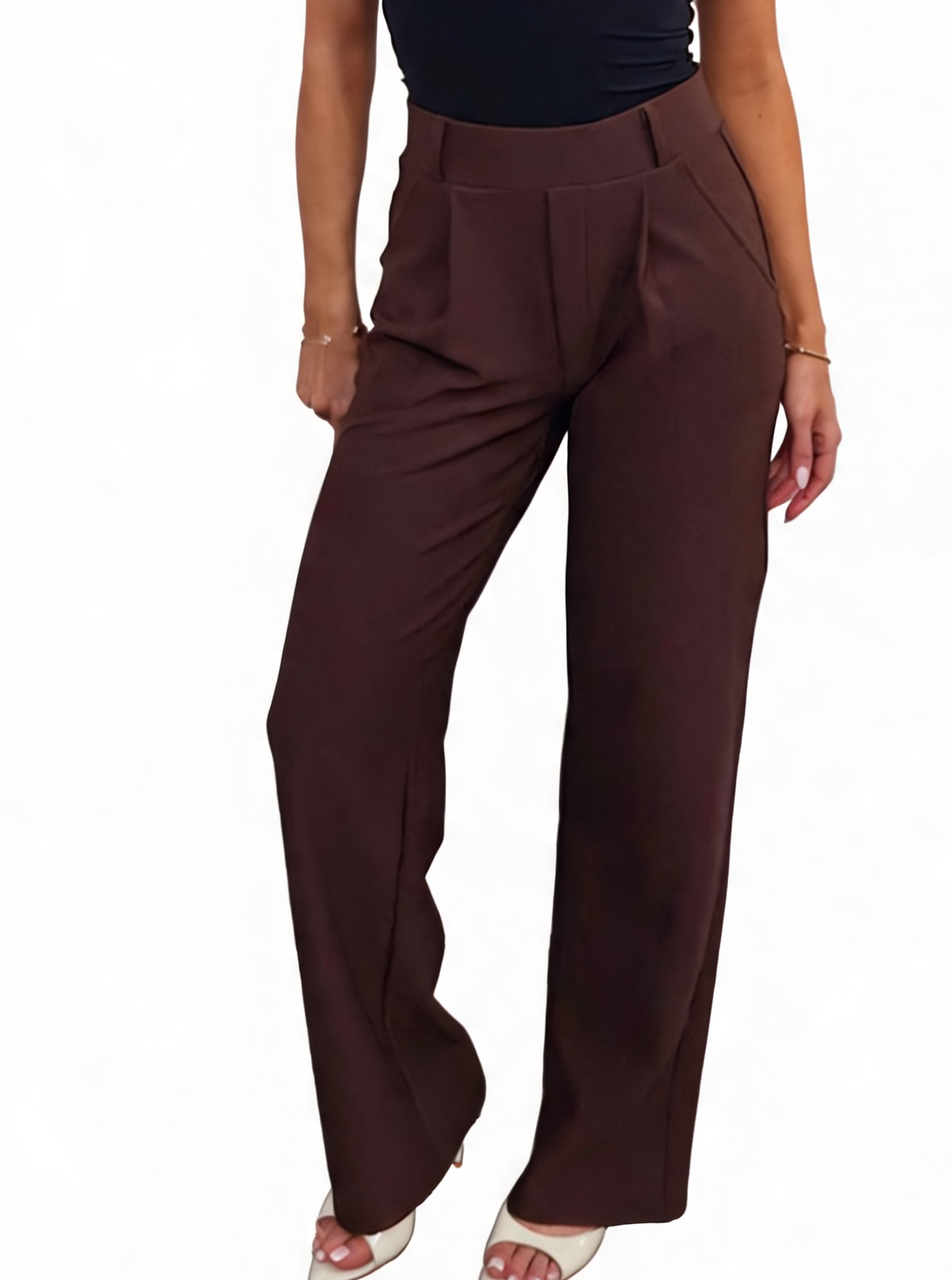 High Waisted Pleated Front Tailored Palazzo Pants with Pocket