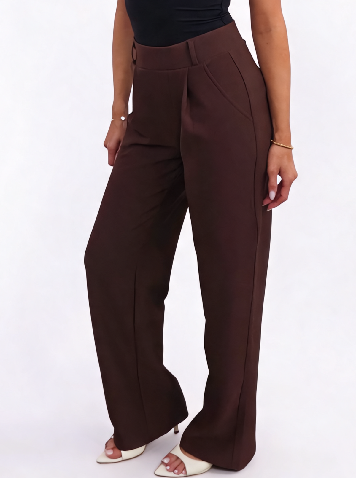 High Waisted Pleated Front Tailored Palazzo Pants with Pocket