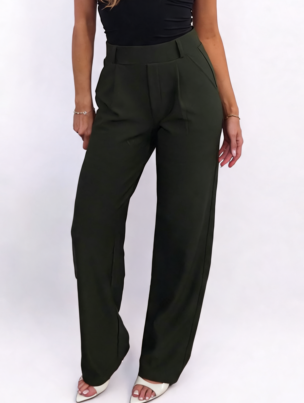 High Waisted Pleated Front Tailored Palazzo Pants with Pocket
