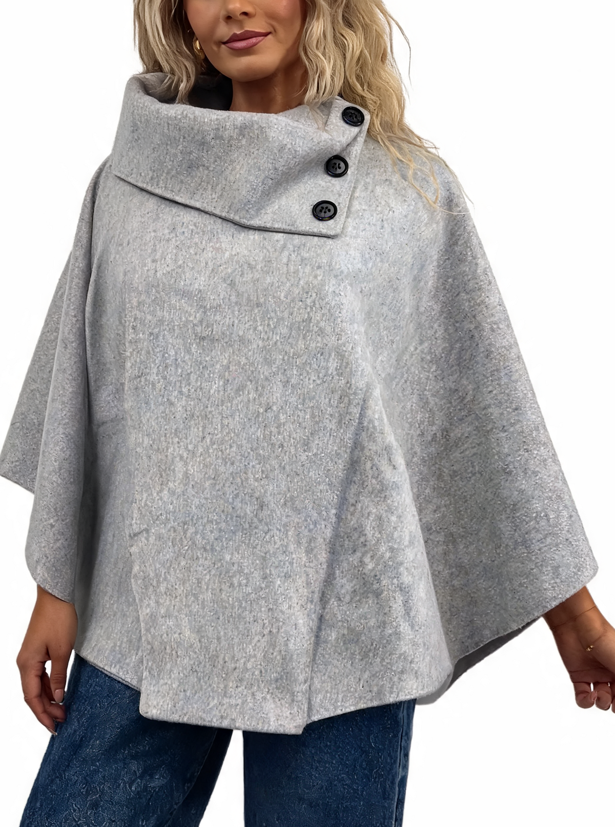 Gray cowl-neck poncho with three-button front placket and wide cape sleeves