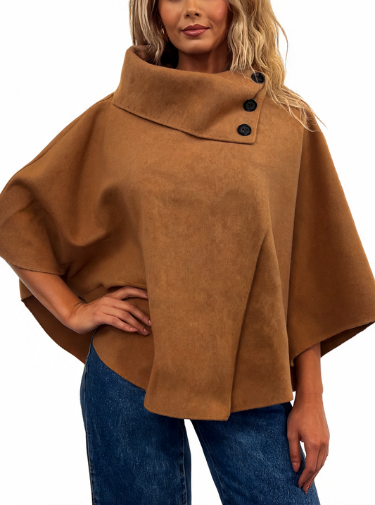Camel cowl-neck poncho with three-button front placket and wide cape sleeves