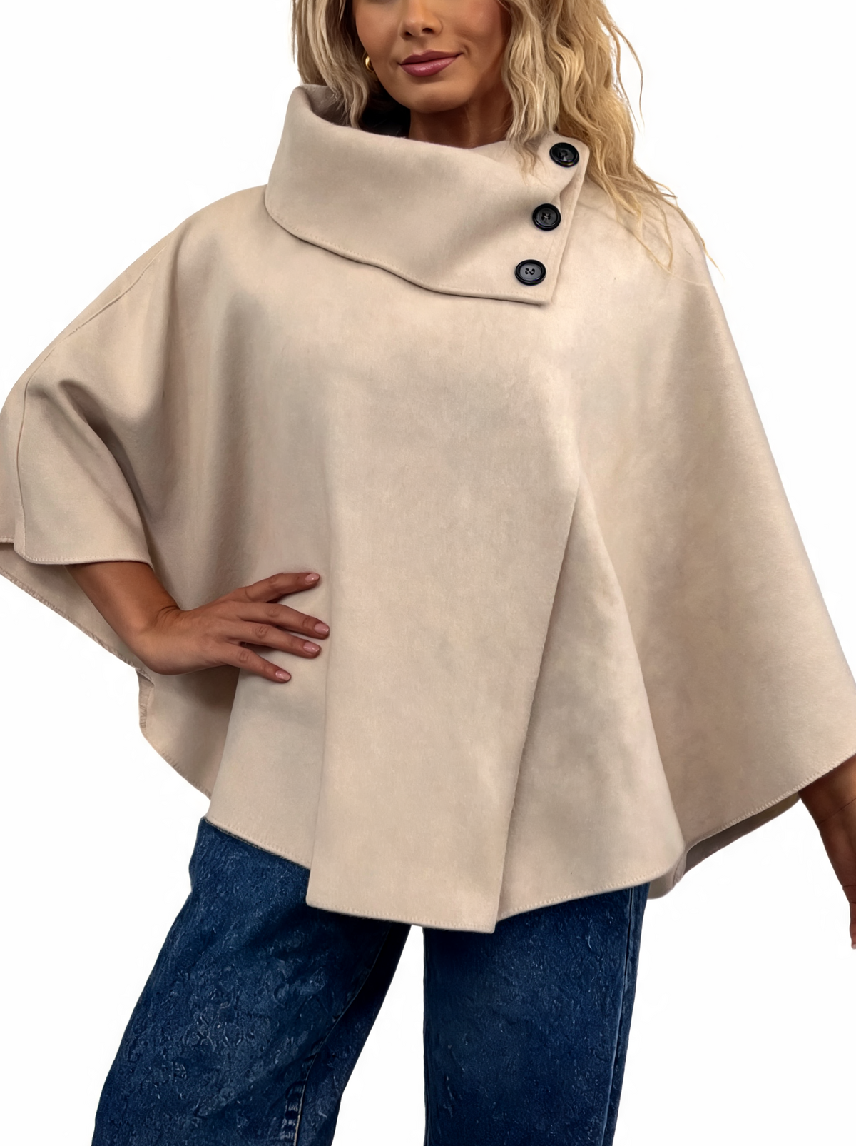 Beige cowl-neck poncho with three-button front placket and wide cape sleeves