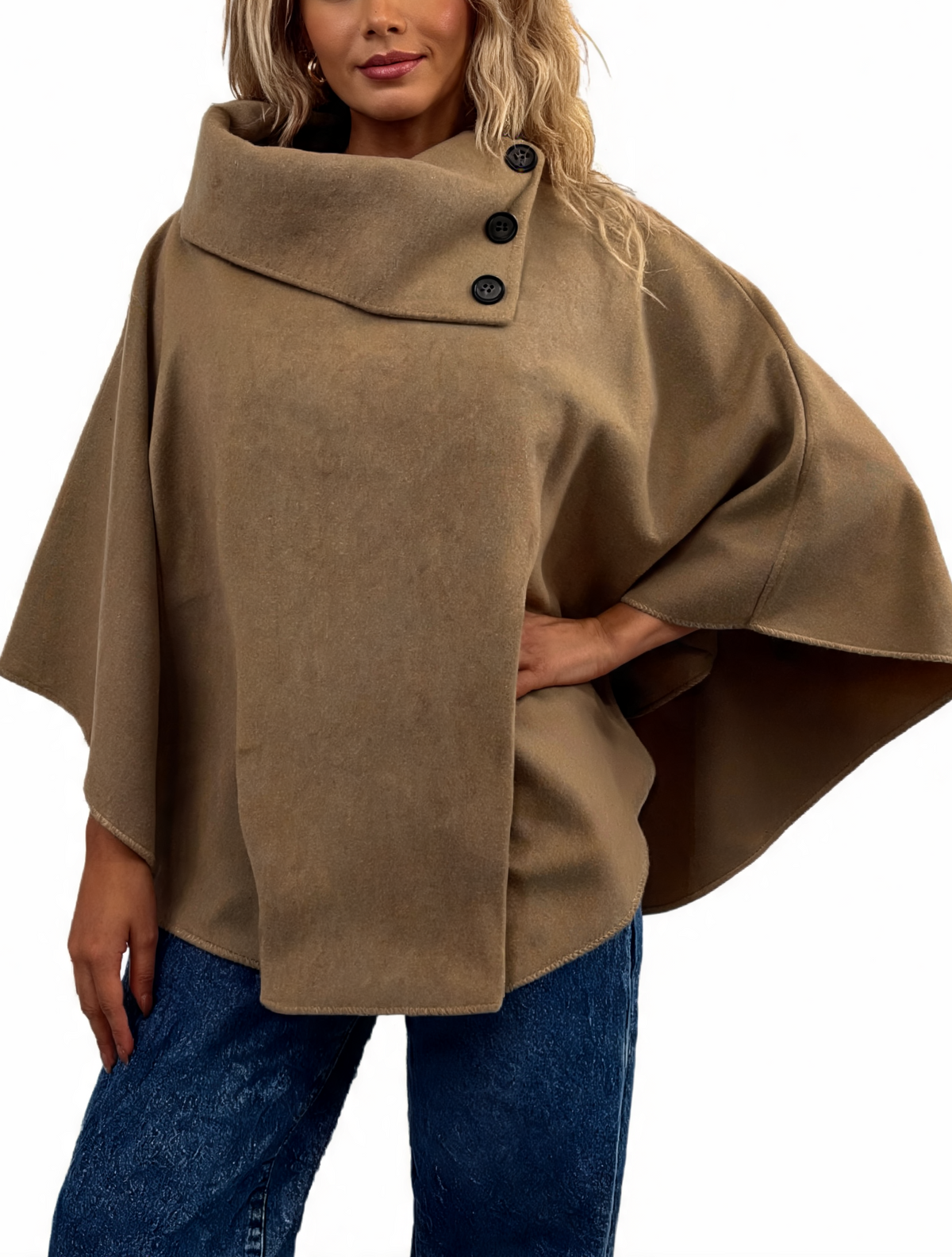 Mocha brown cowl-neck poncho with three-button front placket and wide cape sleeves
