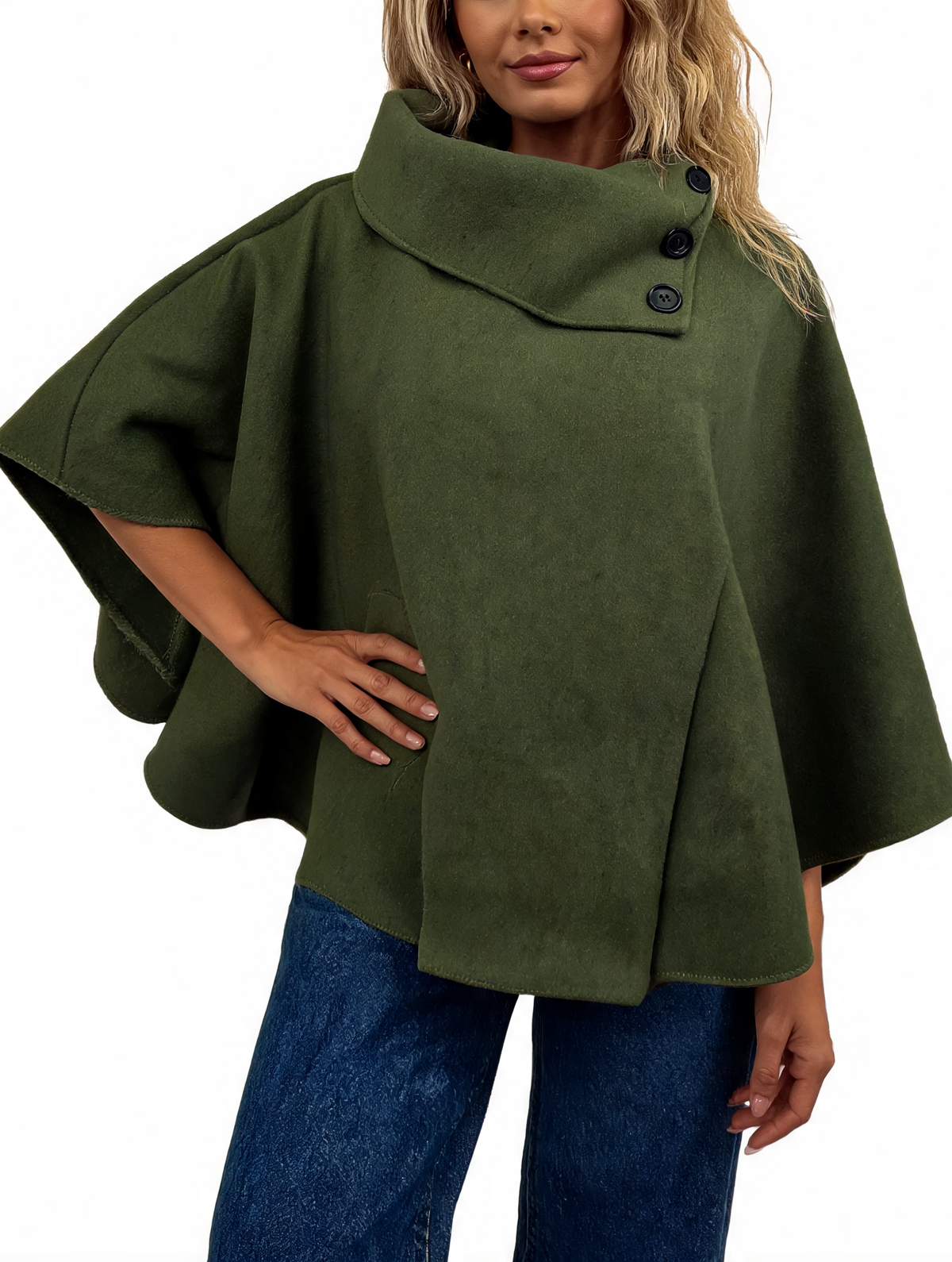 Olive green cowl-neck poncho with three-button front placket and wide cape sleeves