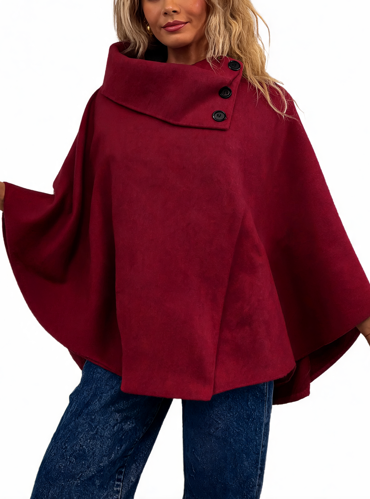 Burgundy cowl-neck poncho with three-button front placket and wide cape sleeves